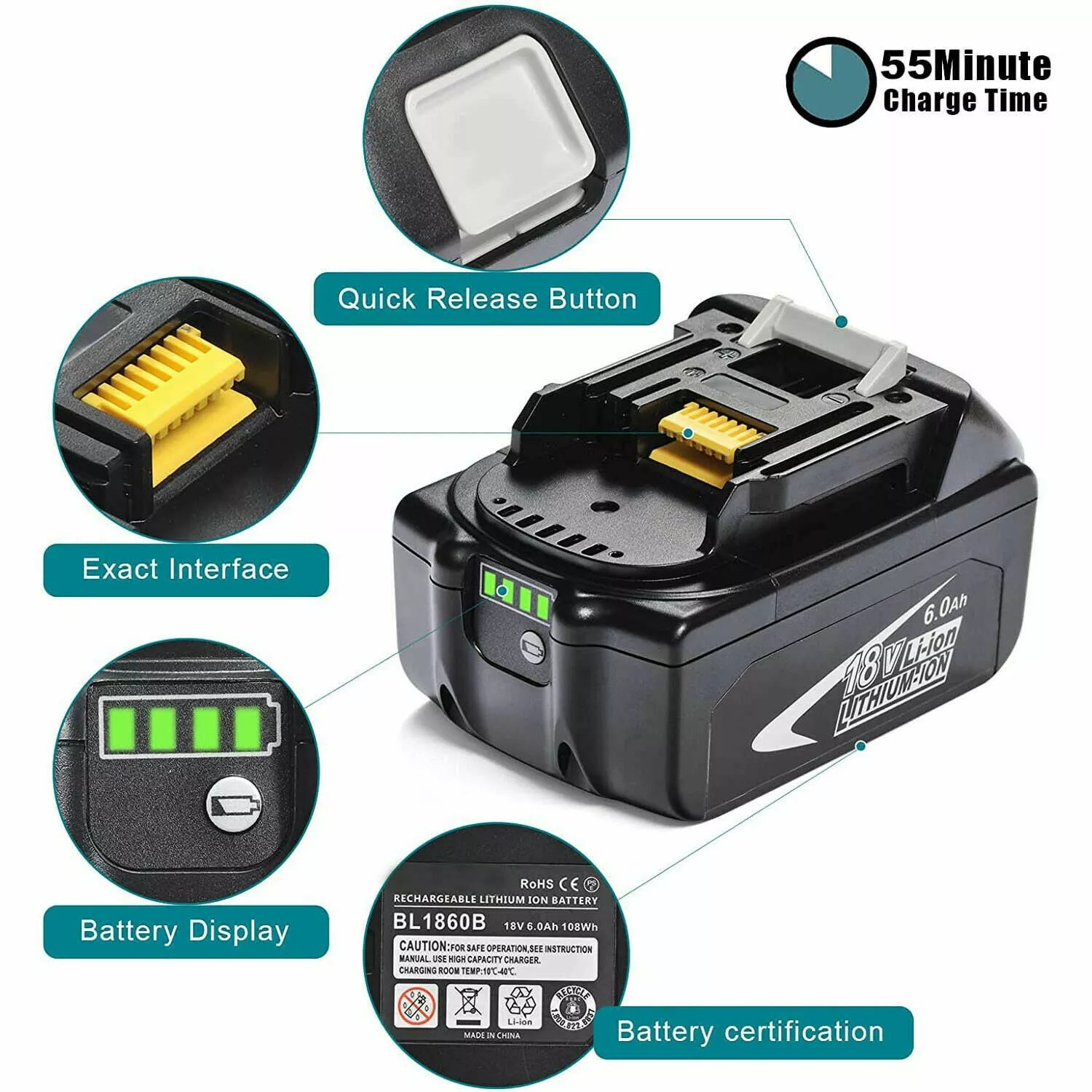 2 PCS 6.0Ah 18V Lithium Battery For Makita LXT BL1850 BL1830 BL1860 With Charger
