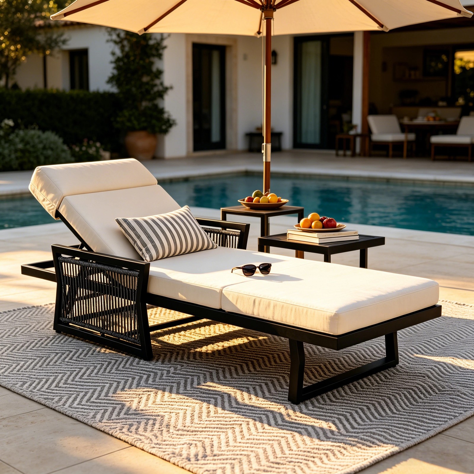 All-Black Chaise Lounge with 4″ Thick Beige Cushion, 400 lbs Capacity