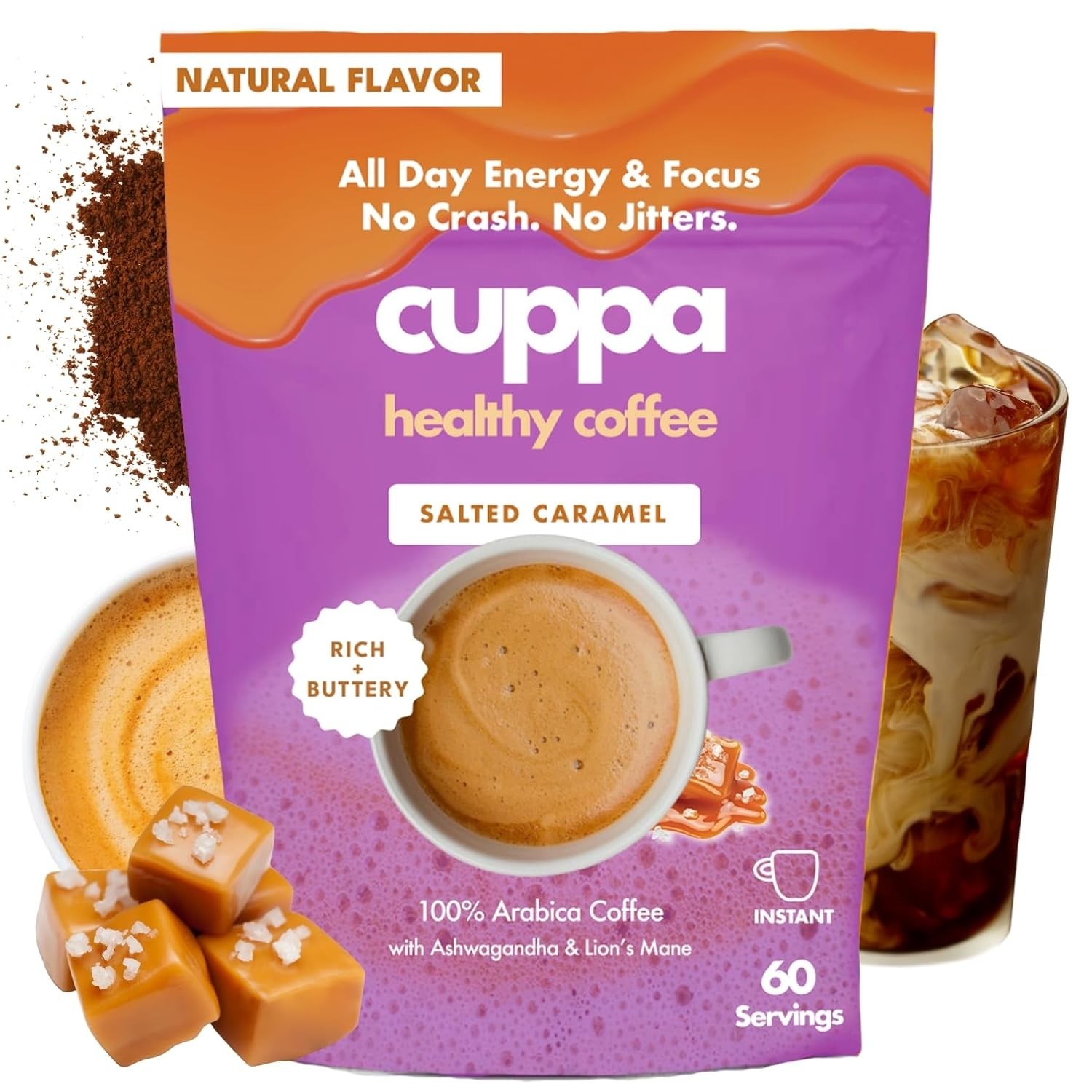 Cuppa Instant Mushroom Coffee Salted Caramel 60 Servings Lion’s Mane New