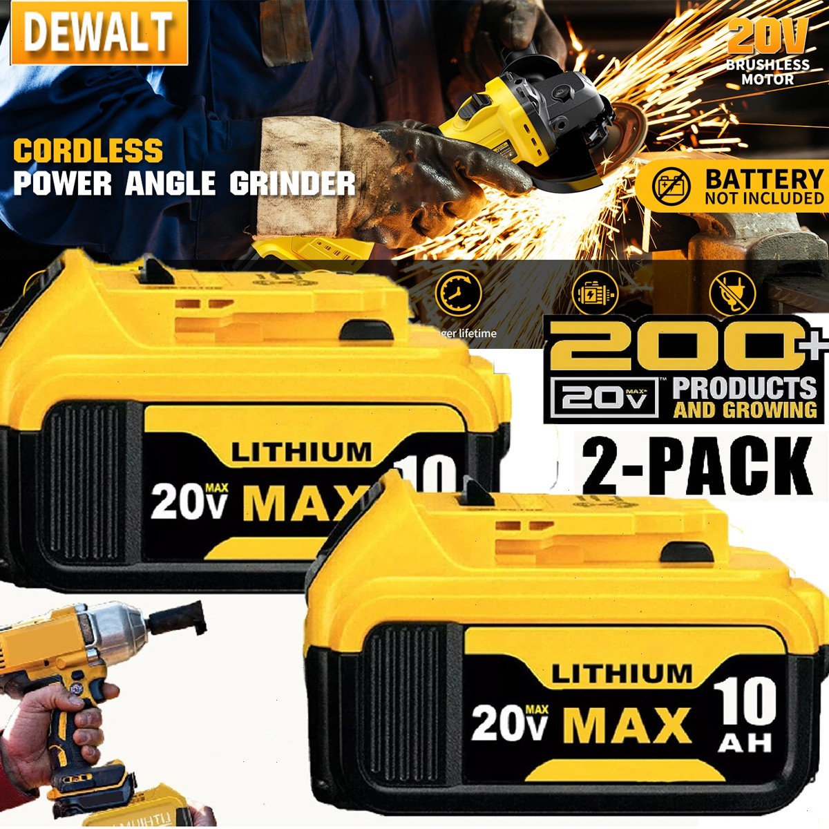 2PACK For DeWALT DCB210-2 20V MAX XR 10.0 AH Lithium-Ion Battery DCB206 DCB200