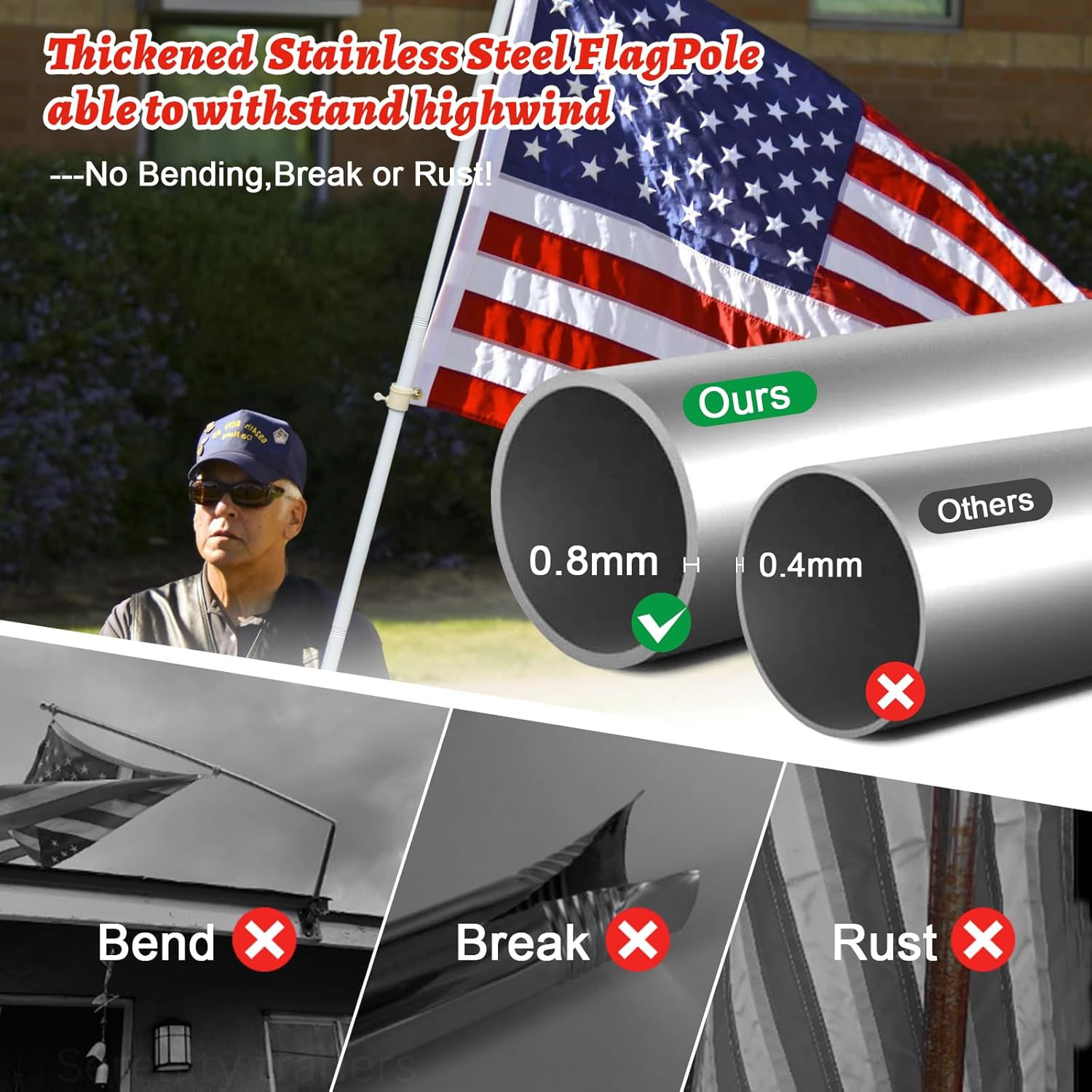 6FT Flag Pole Tangle Free Stainless Steel Durable Rust Free Wind Resist Metal…