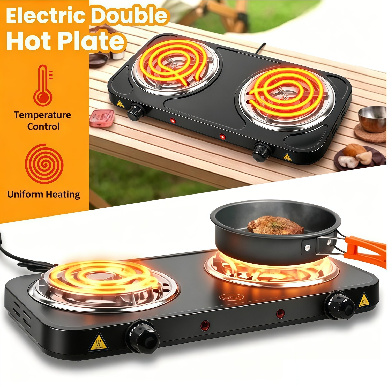 2000W Electric Camping Double Burner Hot Plate Portable Heating Cooking Stove