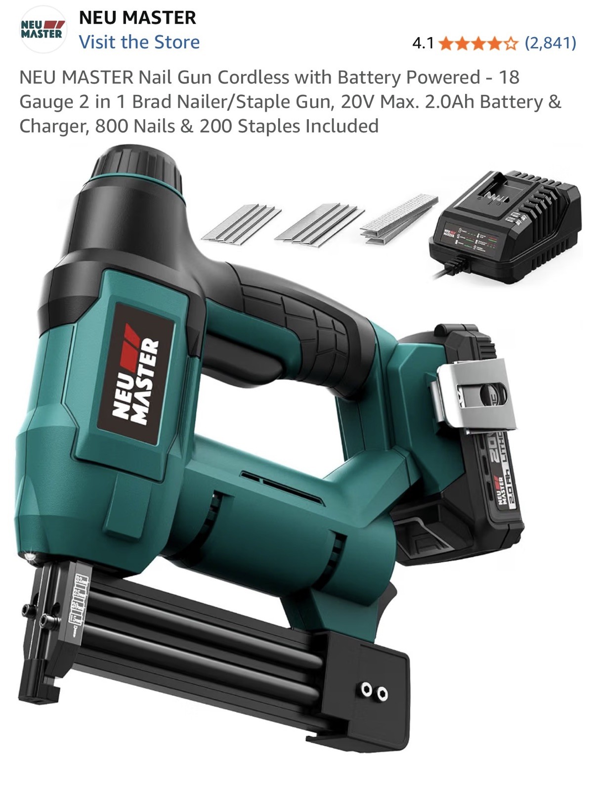 Cordless with Battery Powered – 18 Gauge 2 in 1 Brad Nailer/Staple Gun, 20V Max.