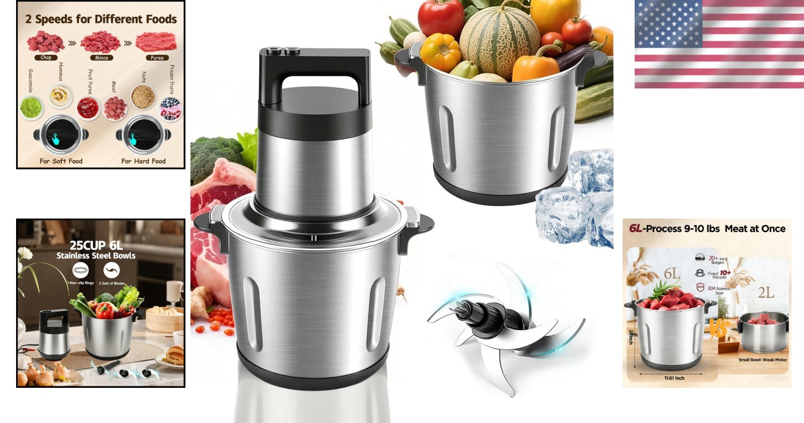 Versatile 6L Food Grinder with Dual Speed Control & Dishwasher Safe Parts