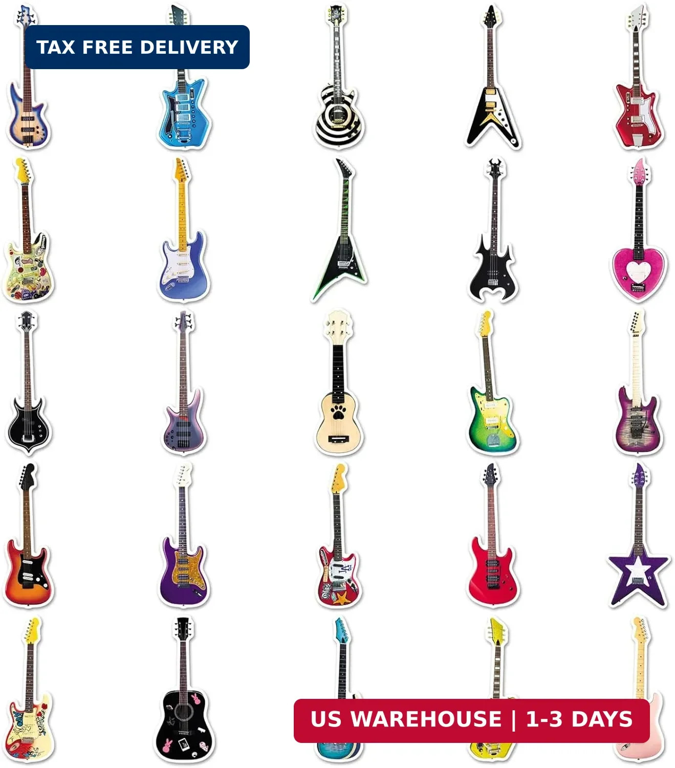 50Pcs Guitar Stickers, Cool Electric Guitar Bass Stickers for Kids Teens Adults,