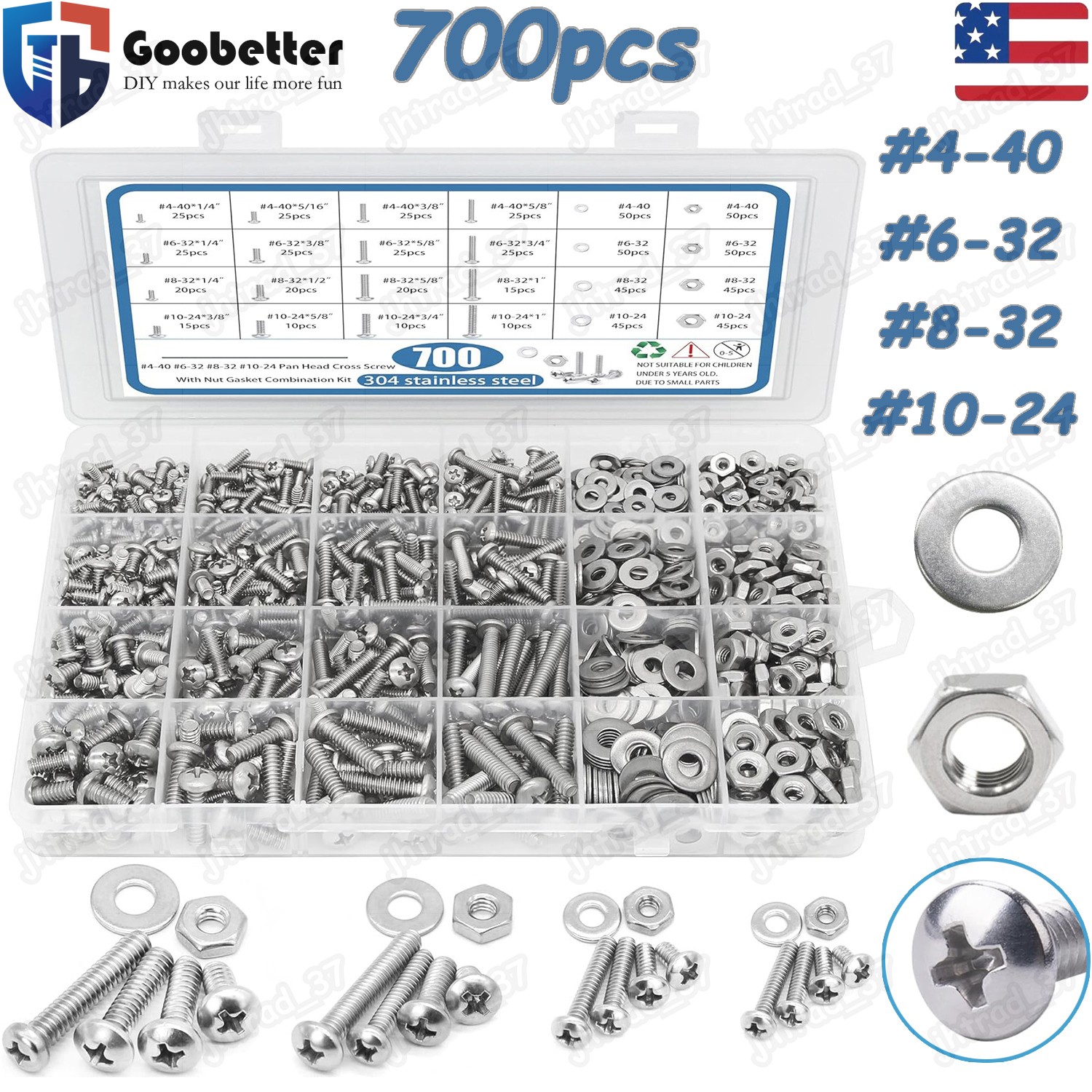 700pcs Machine Screws Phillips Pan Head Bolts Nuts Washer Assortment Kit #4~#10