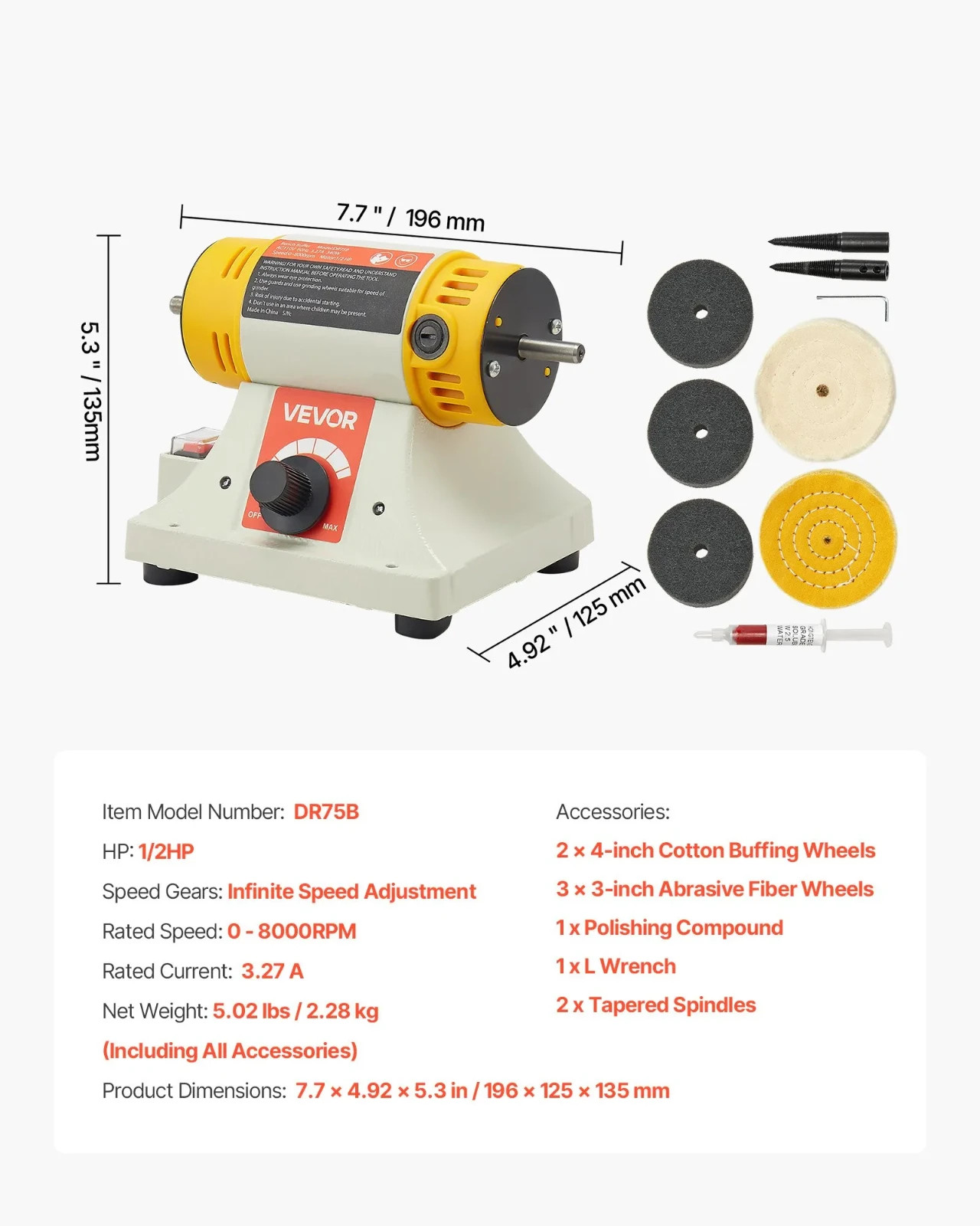Bench Buffer Polisher 1/2HP Variable Speed 0-8000RPM Jewelry Metal Finishing Kit