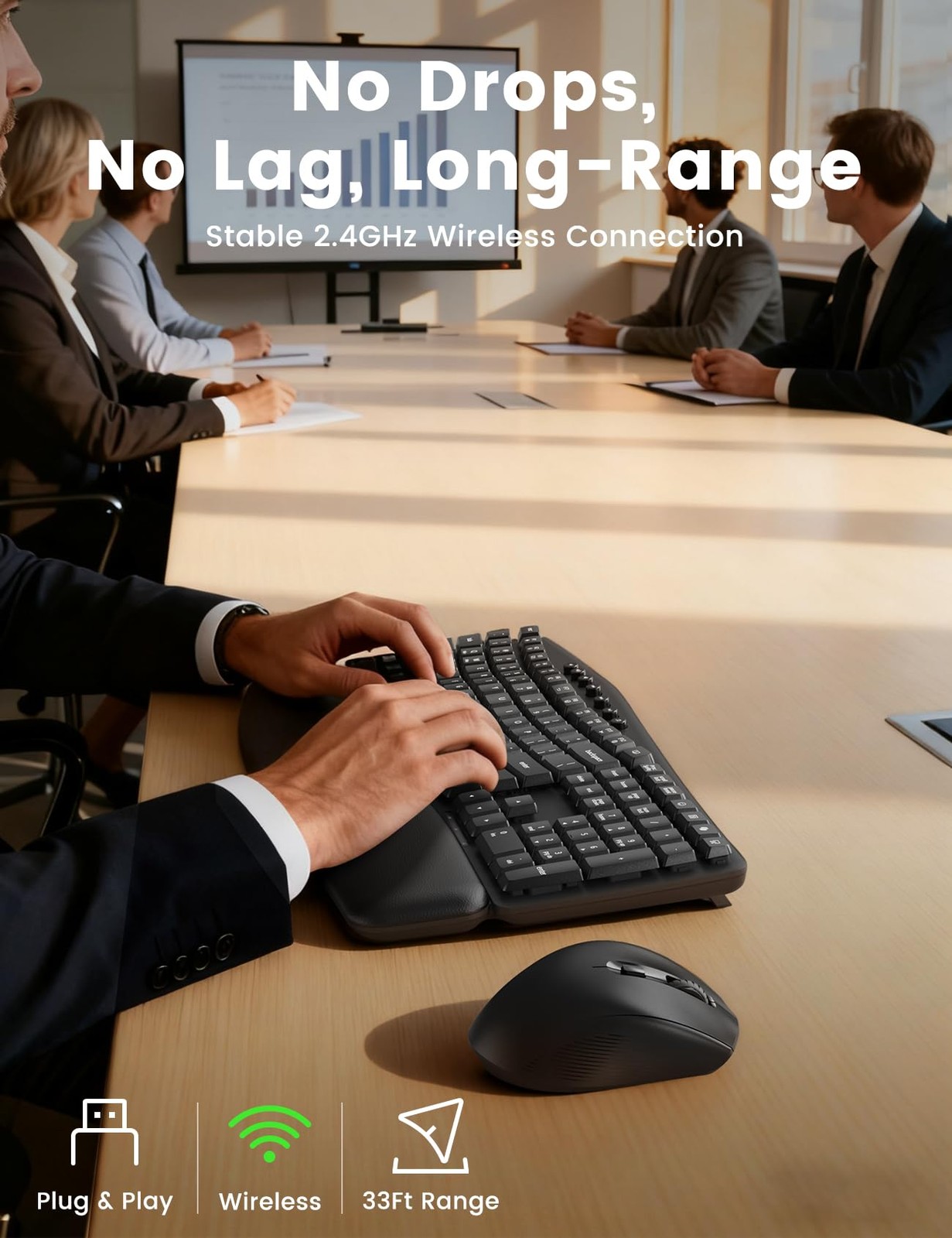 Ergonomic Wireless Keyboard and Mouse Combo, 30dB Quiet Full Size Keyboard Set w