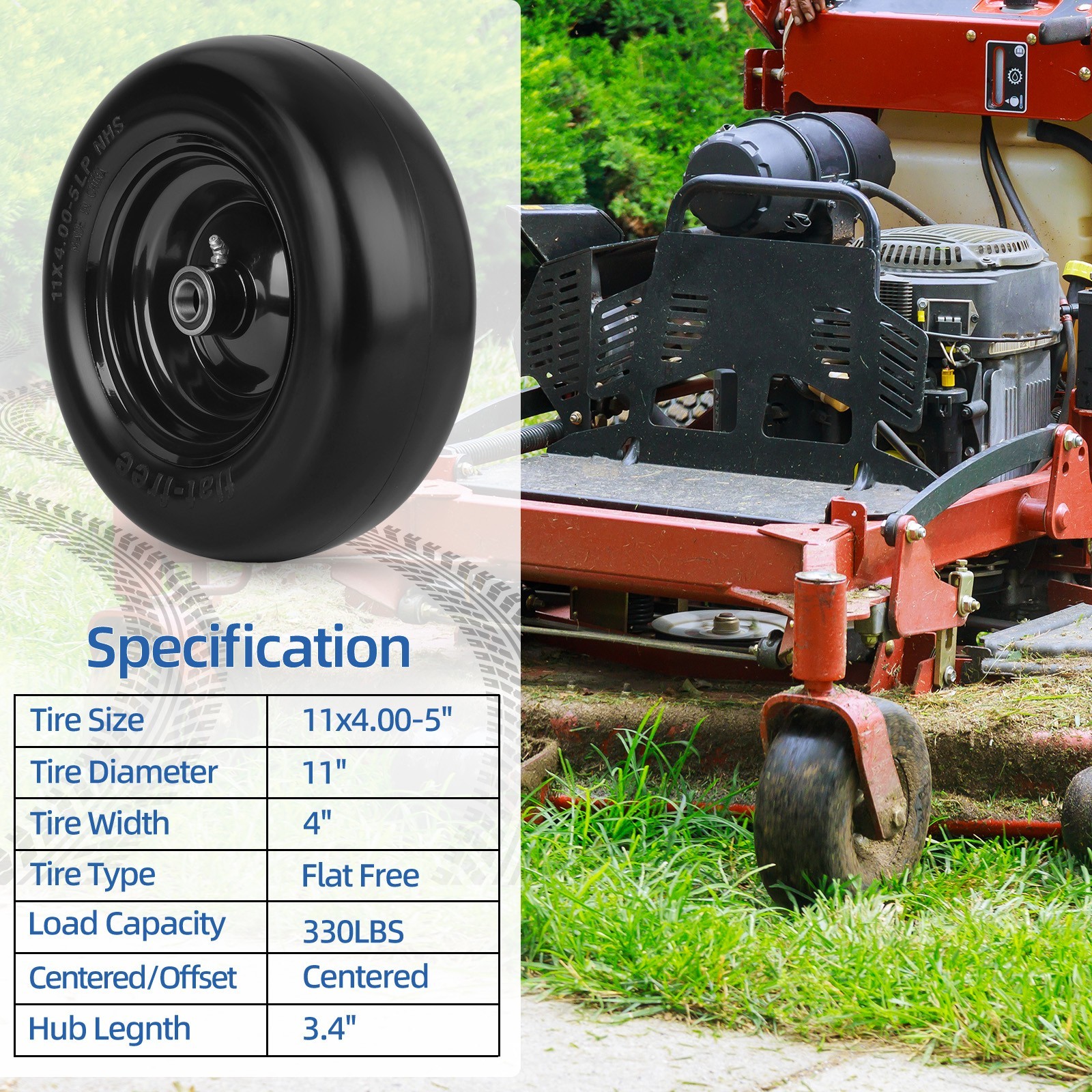 2-Pack 11×4.00-5 Flat free Smooth Tread Tire & Wheel for Zero Turn Lawn Mowers