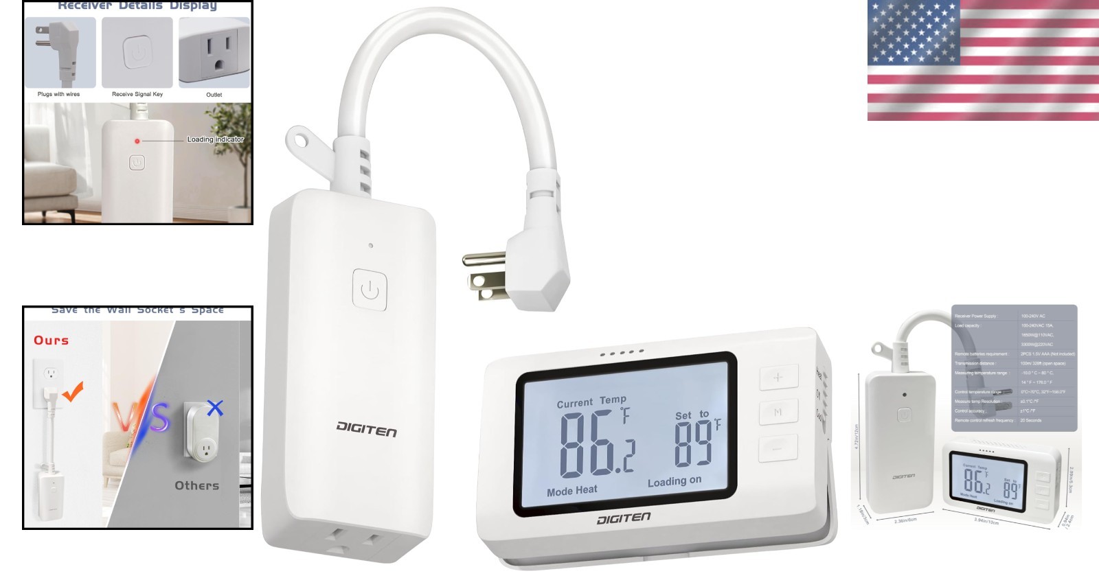 Wireless Thermostat Outlet Digital Remote Control 1800W for Heating Cooling