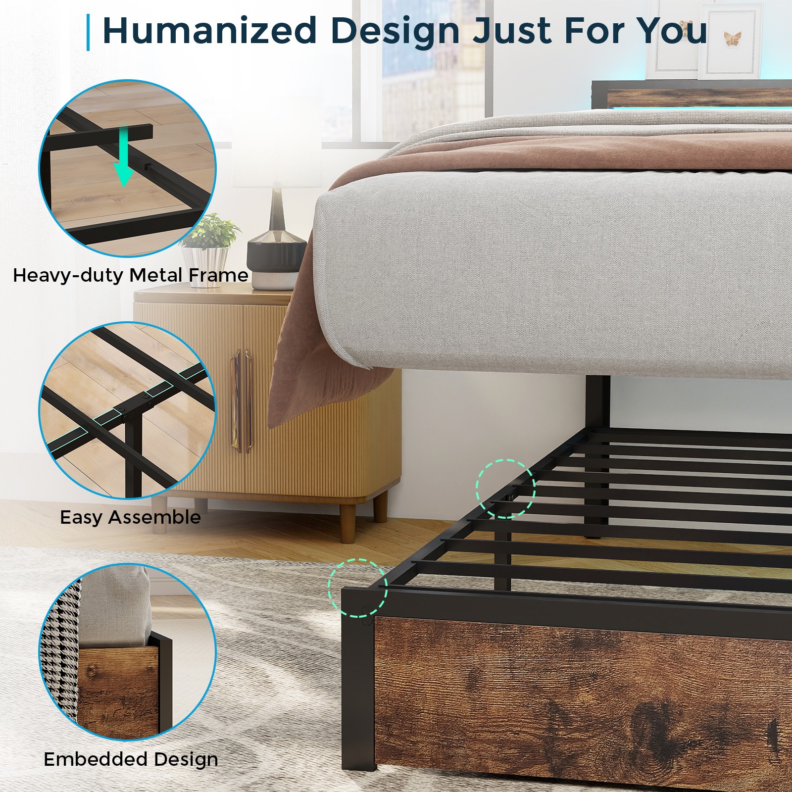 Queen Full Size Bed Frame with Storage Headboard &Charging Station＆ LED Lights