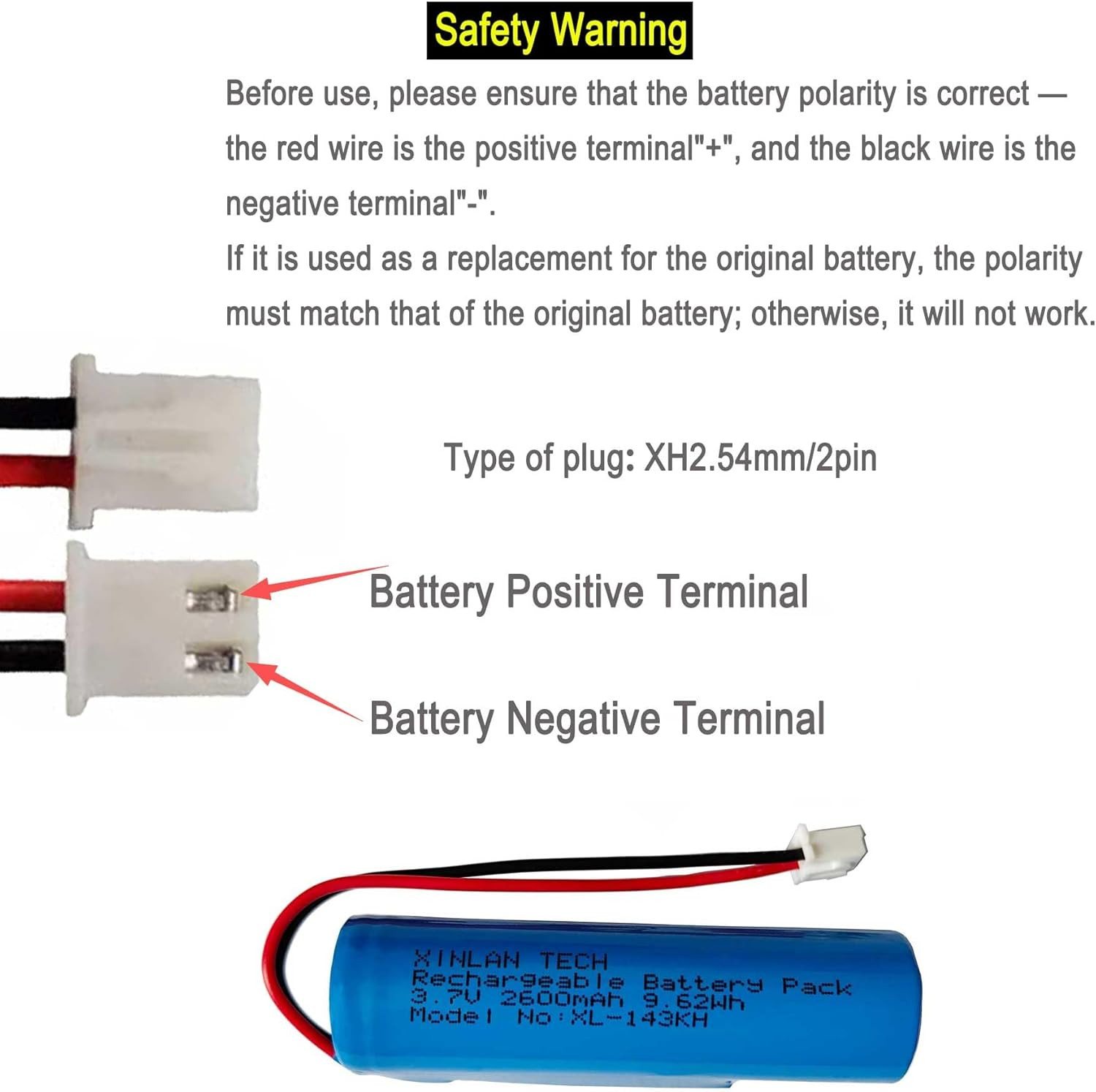 3.7V 2600Mah 18650 Rechargeable Li-Ion Battery with Jst XH2.54/2P Connector Plug