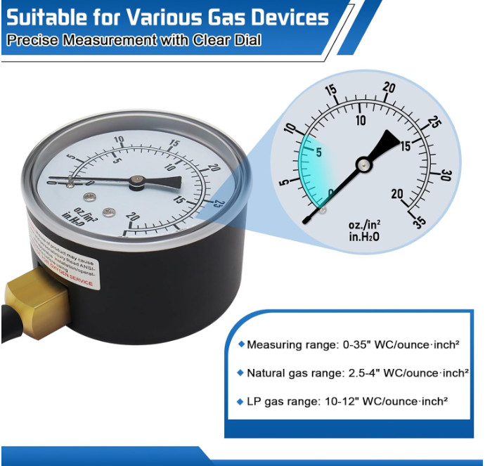 Gas Pressure Tester Manometer 0-35″ W.C with Gauge Hose for Natural LP Gas
