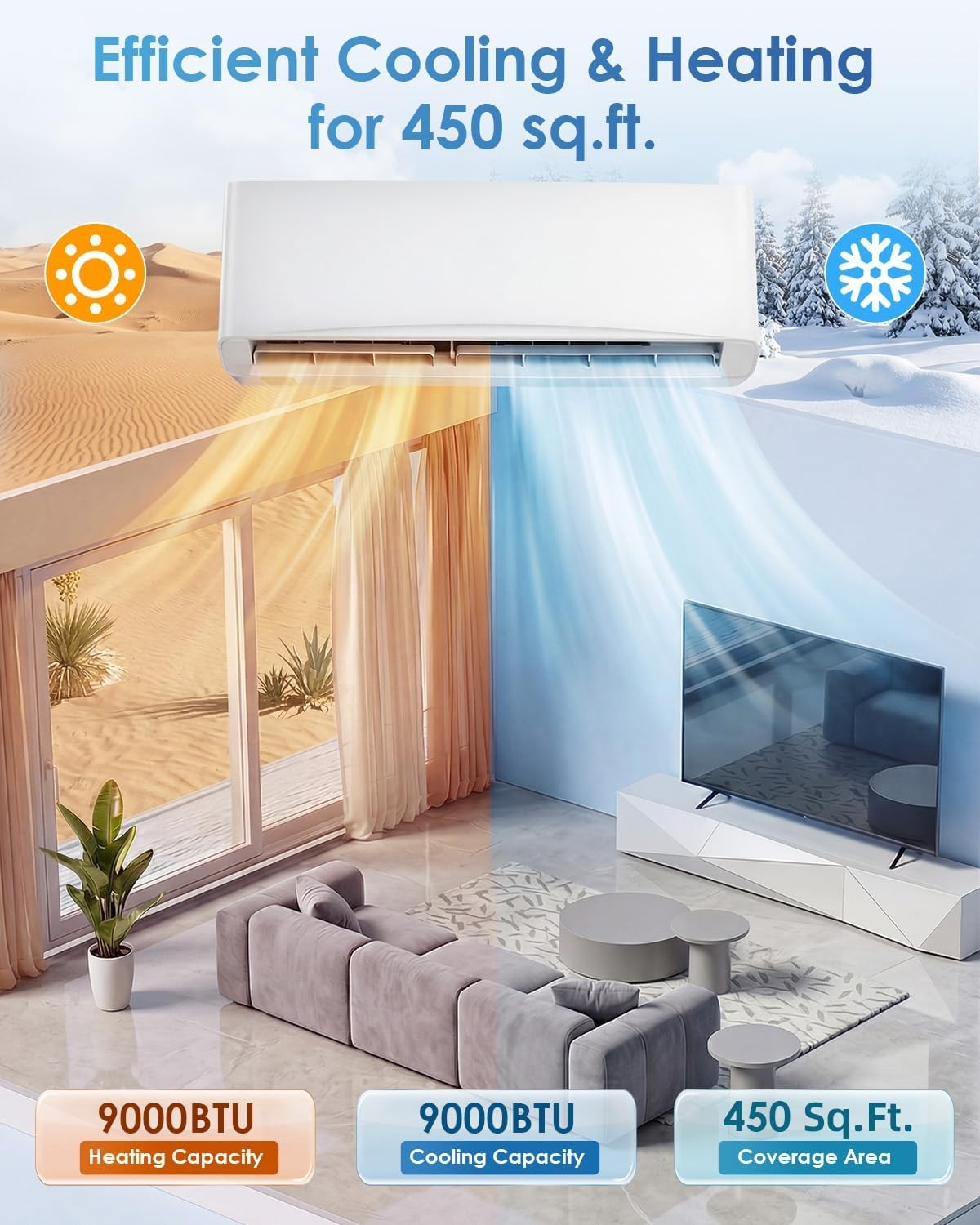 9000 BTU Mini Split AC/Heating System, Wall Air Conditioner & Heat Pump