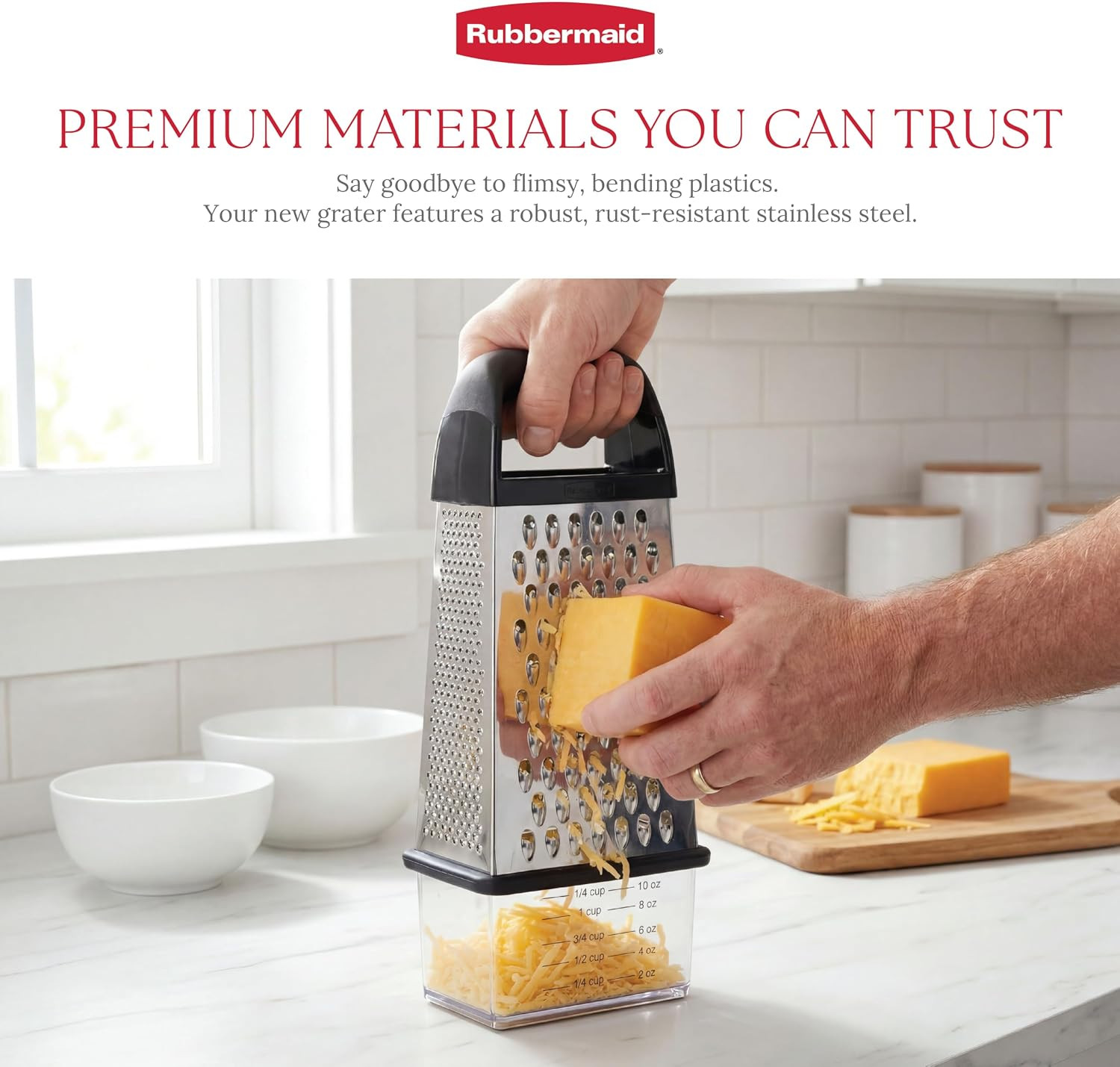 4-Sided Steel Box Grater with Measuring Container & Non-Slip Base