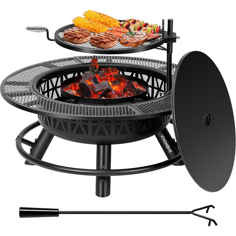35” Outdoor Wood Burning Round Fire Pit Barbecue Pit BBQ Backyard Fireplace