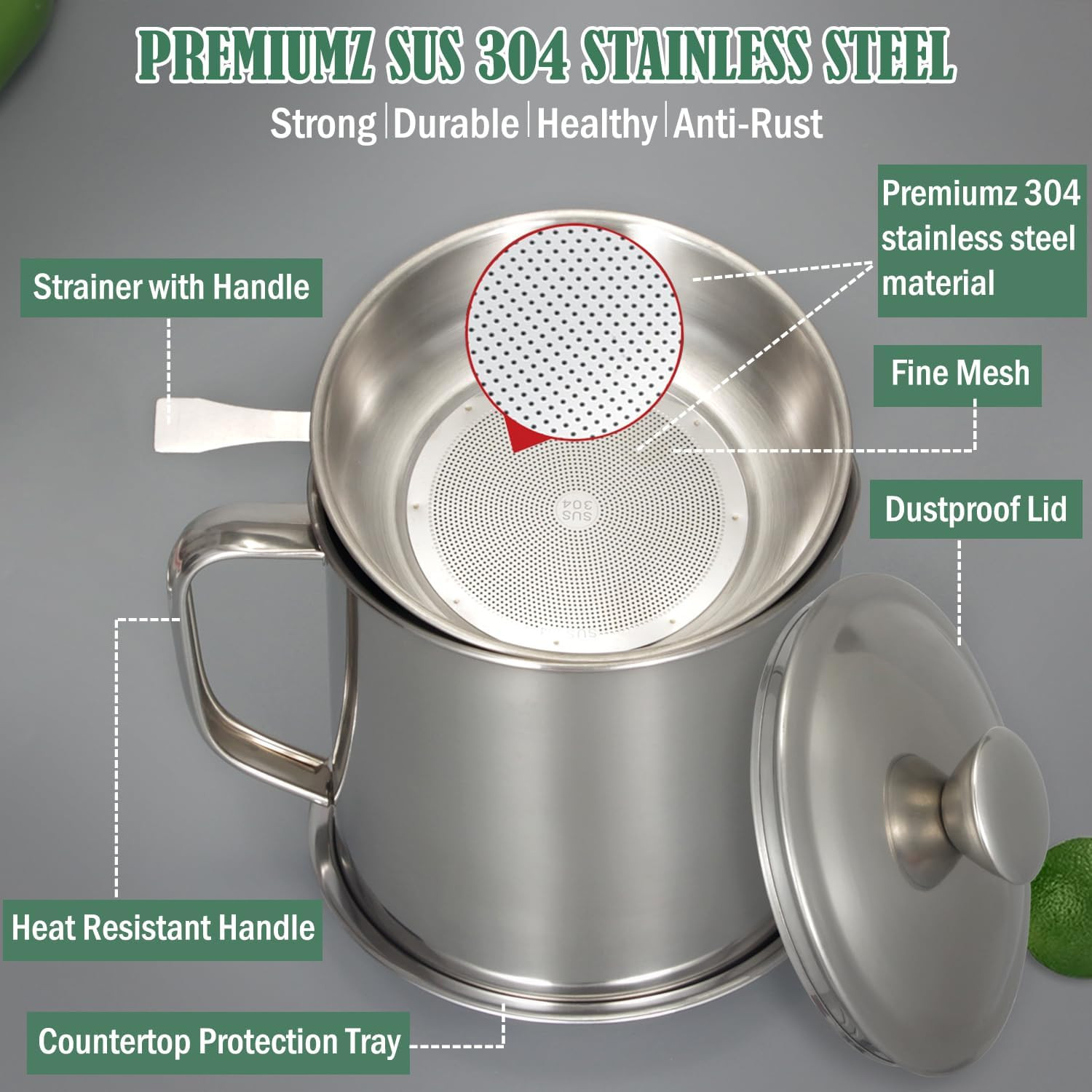 Bacon Grease Container with Strainer 1.25 L / 42 Oz Stainless Steel Cooking Oil