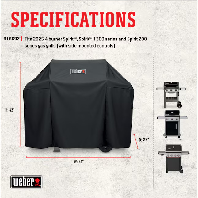 Weber Spirit 400 Series Gas Grill Cover 51″ Weather Resistant Premium Black