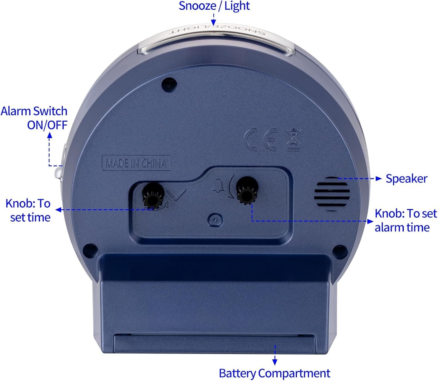 Tinload 4.3″ Silent Analog Alarm Clock No Ticking Big Numbers Blue Circle