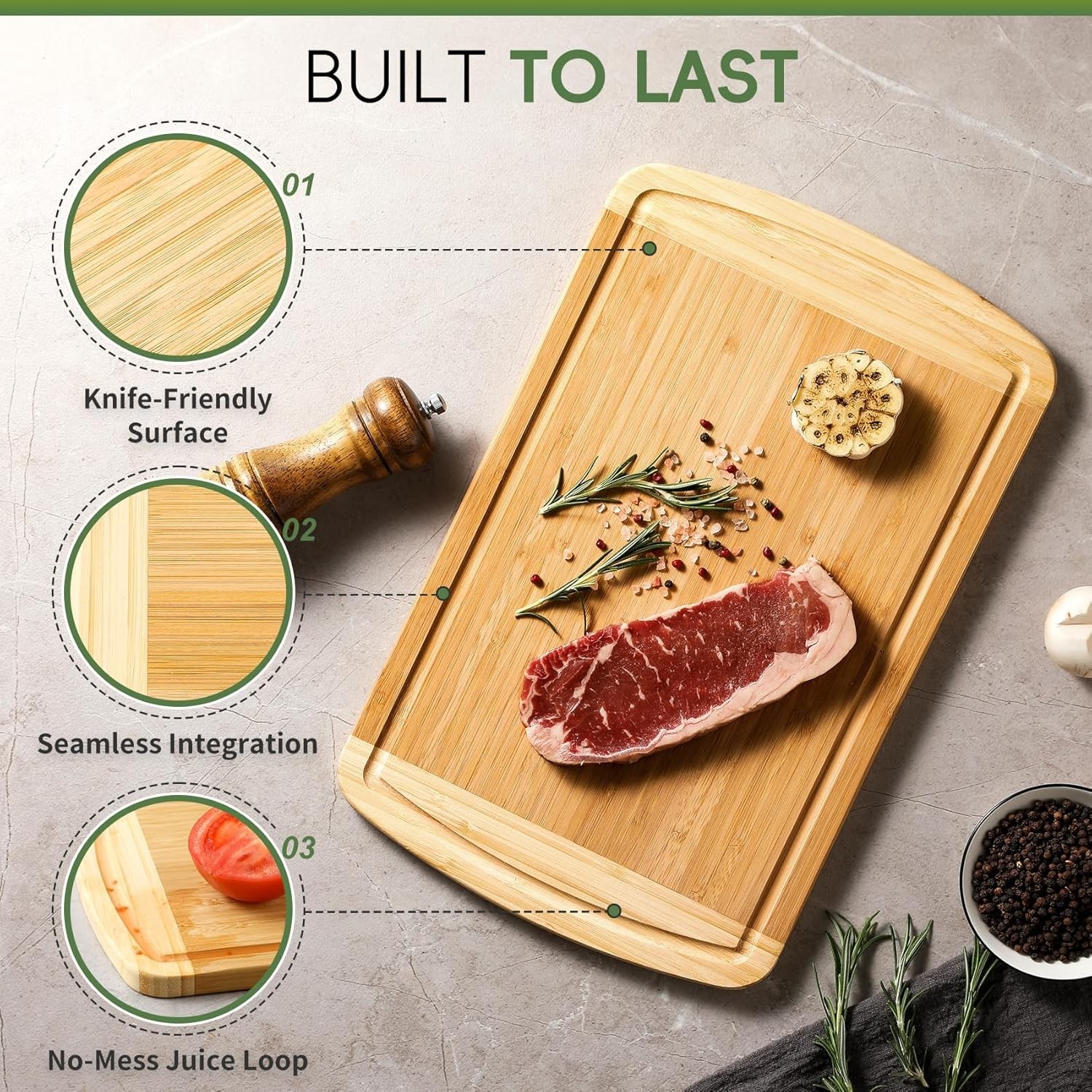 Large Wooden Cutting Board for Kitchen Meal Prep & Serving – Bamboo Cutting B…