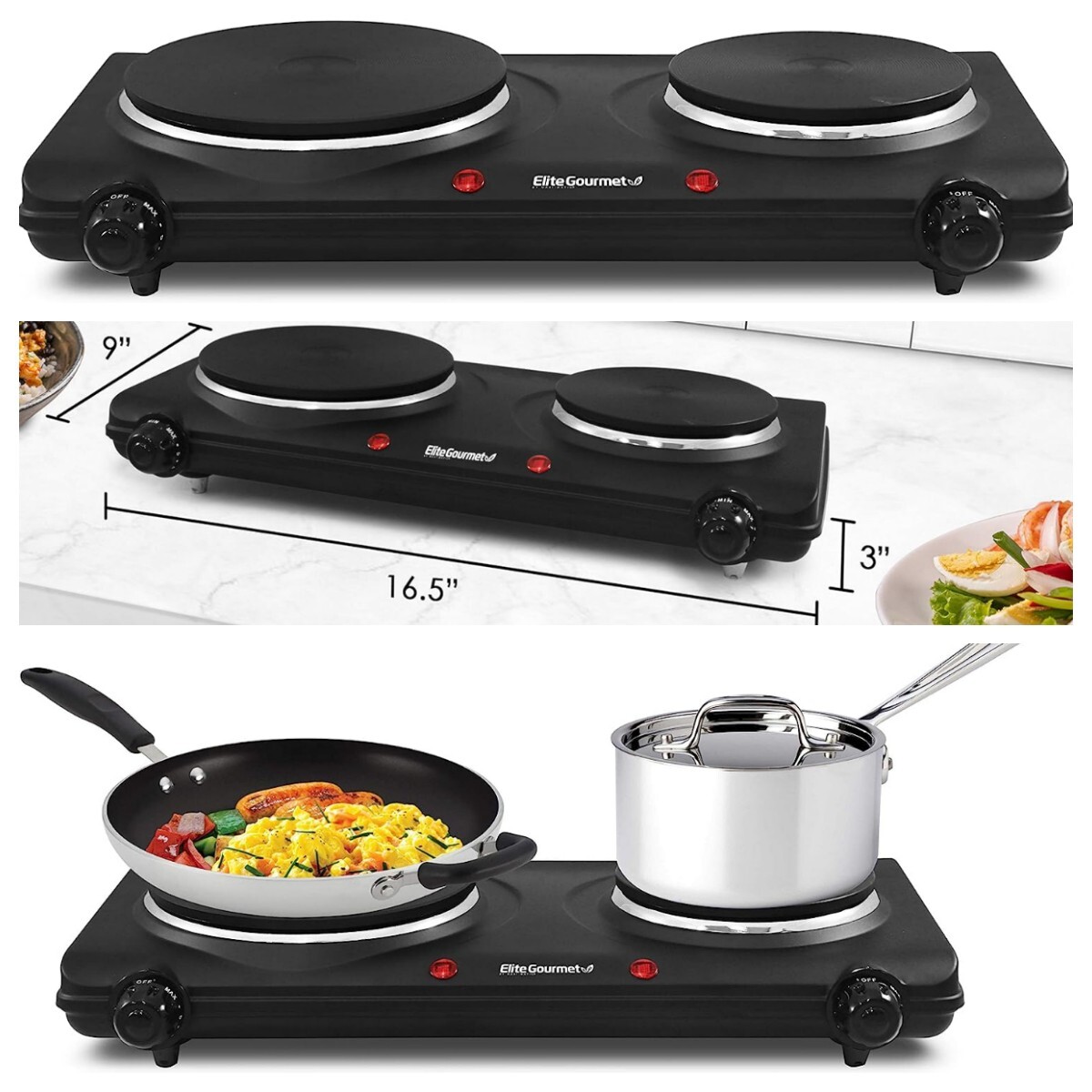 Portable Small Electric Stove Top 2 Burners Double Plate Cast Iron Countertop
