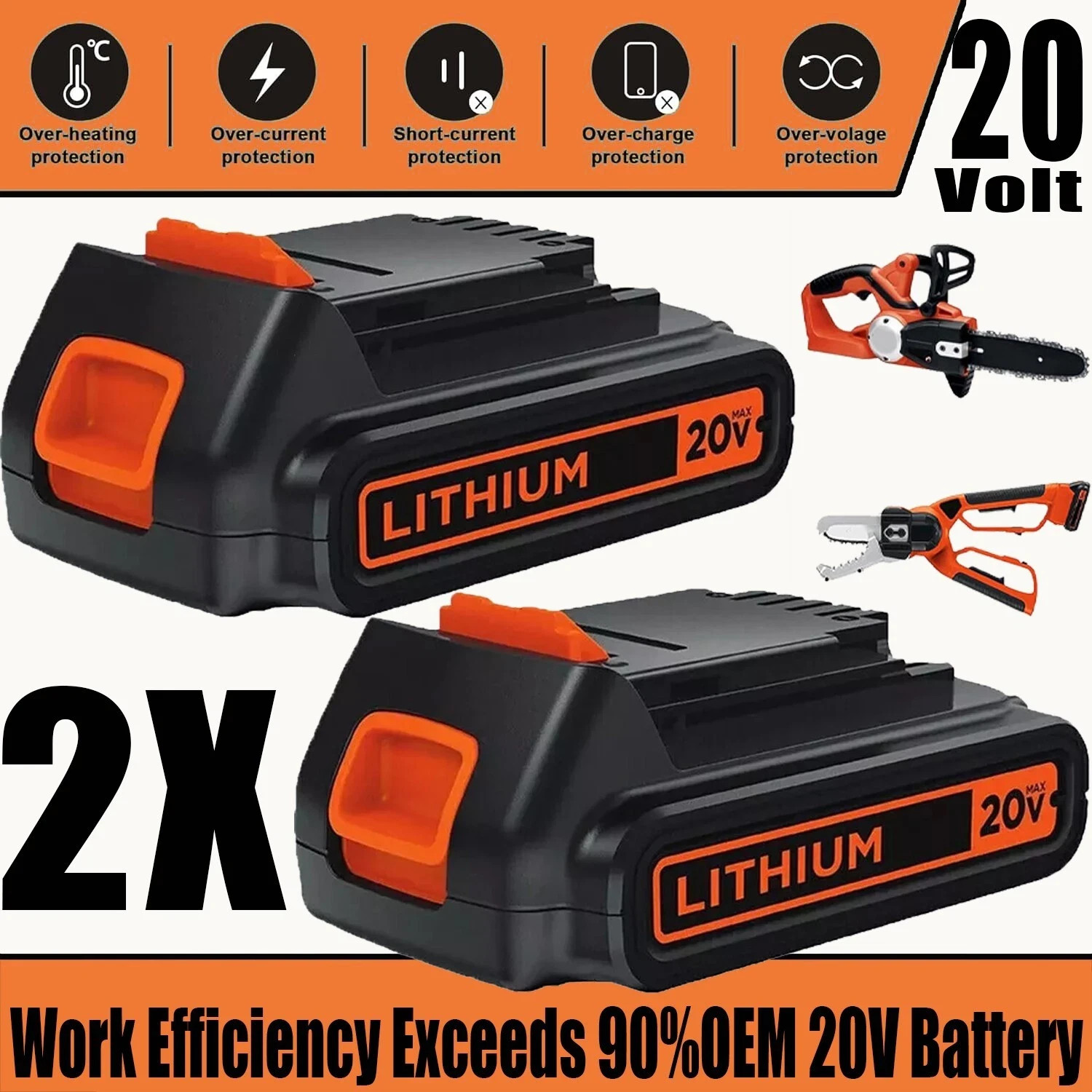2 Pack 20V Lithium-ion 1.5Ah Battery for BLACK DECKER 20 Volt LBXR20 LBX20 LB20