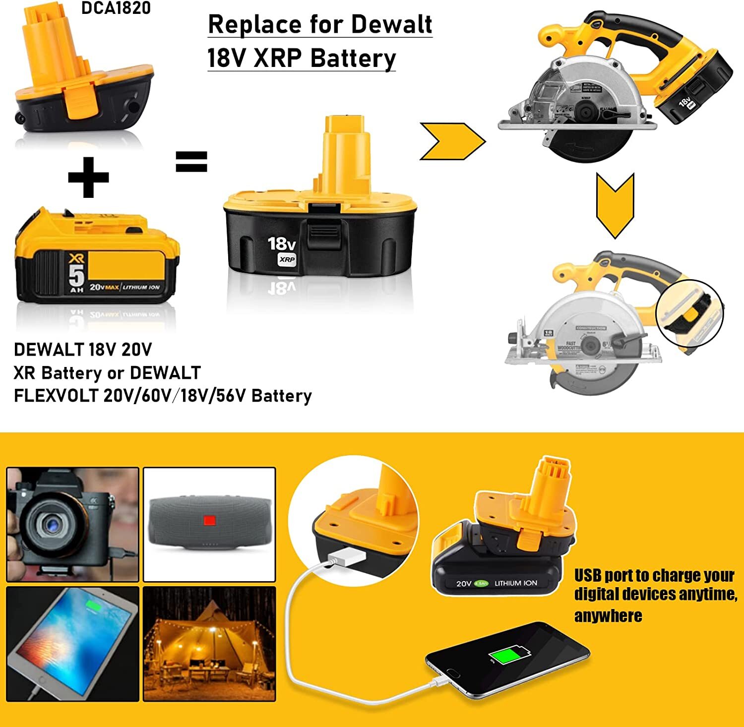 For Dewalt DCA1820 20V MAX To 18V Adapter Converter For Dewalt Li-Ion Battery