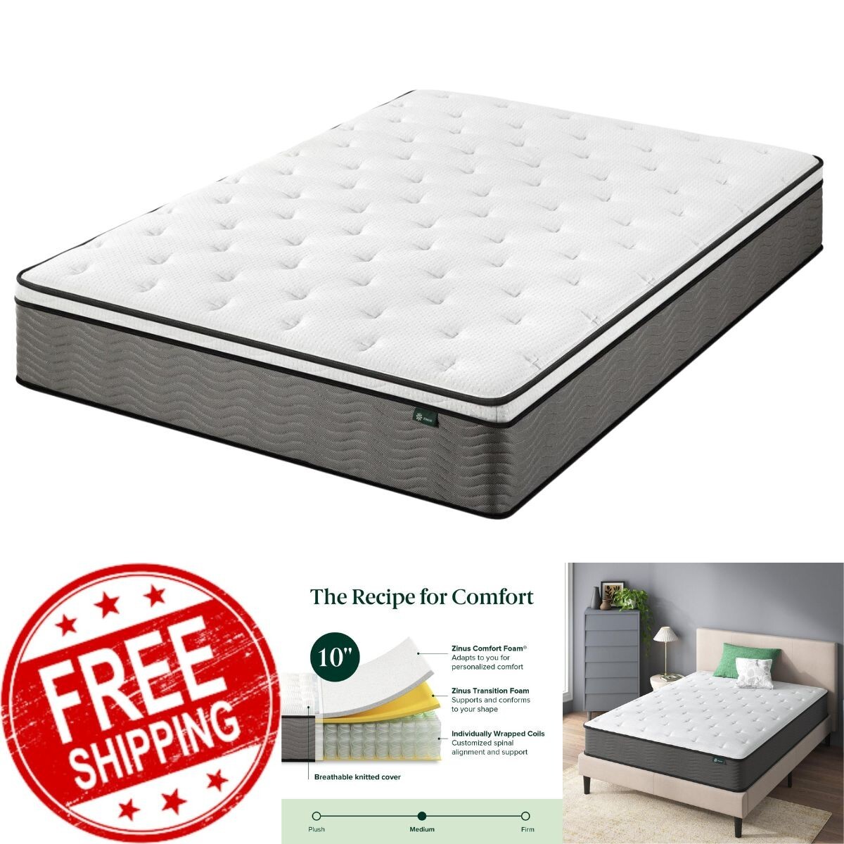 Zinus Pressure Relief Extra Firm Hybrid Mattress Comfort Foam and Pocket Spring
