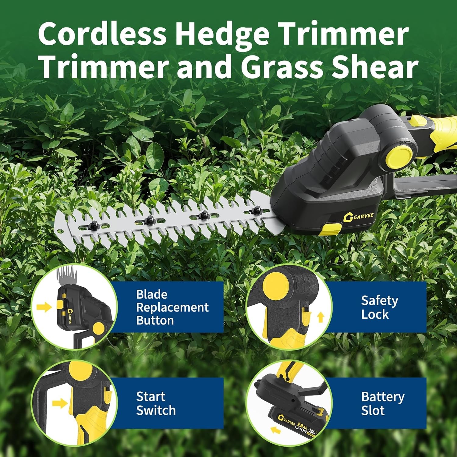 Cordless Hedge Trimmer 20V Battery 2-in-1 Electric Grass Shear and Shrub Trimmer