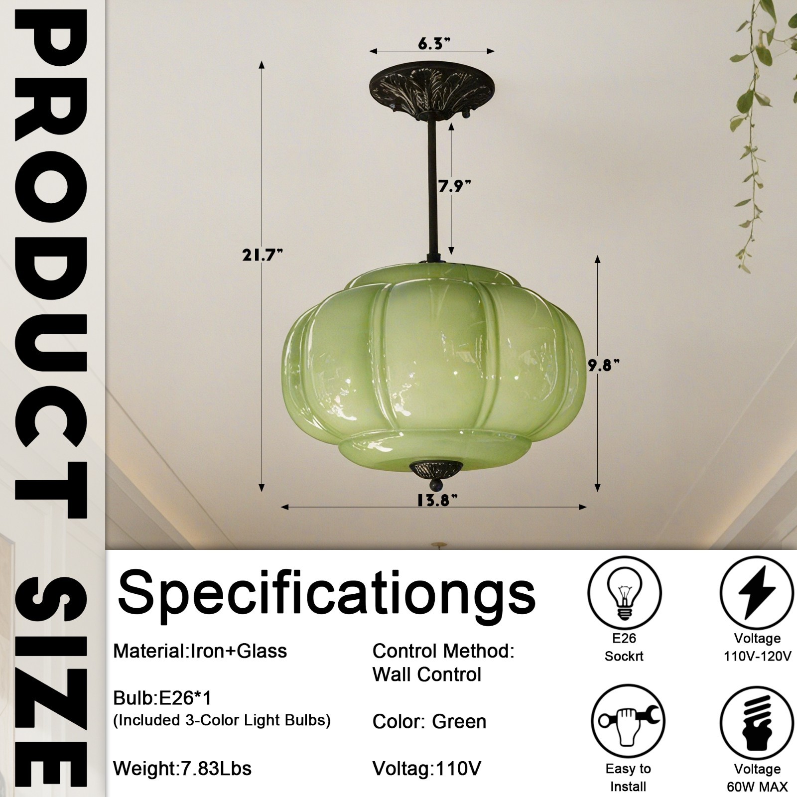 14’Simple Green Pumpkin Shaped Pendant Light,Living Room/dining Room Glass Light