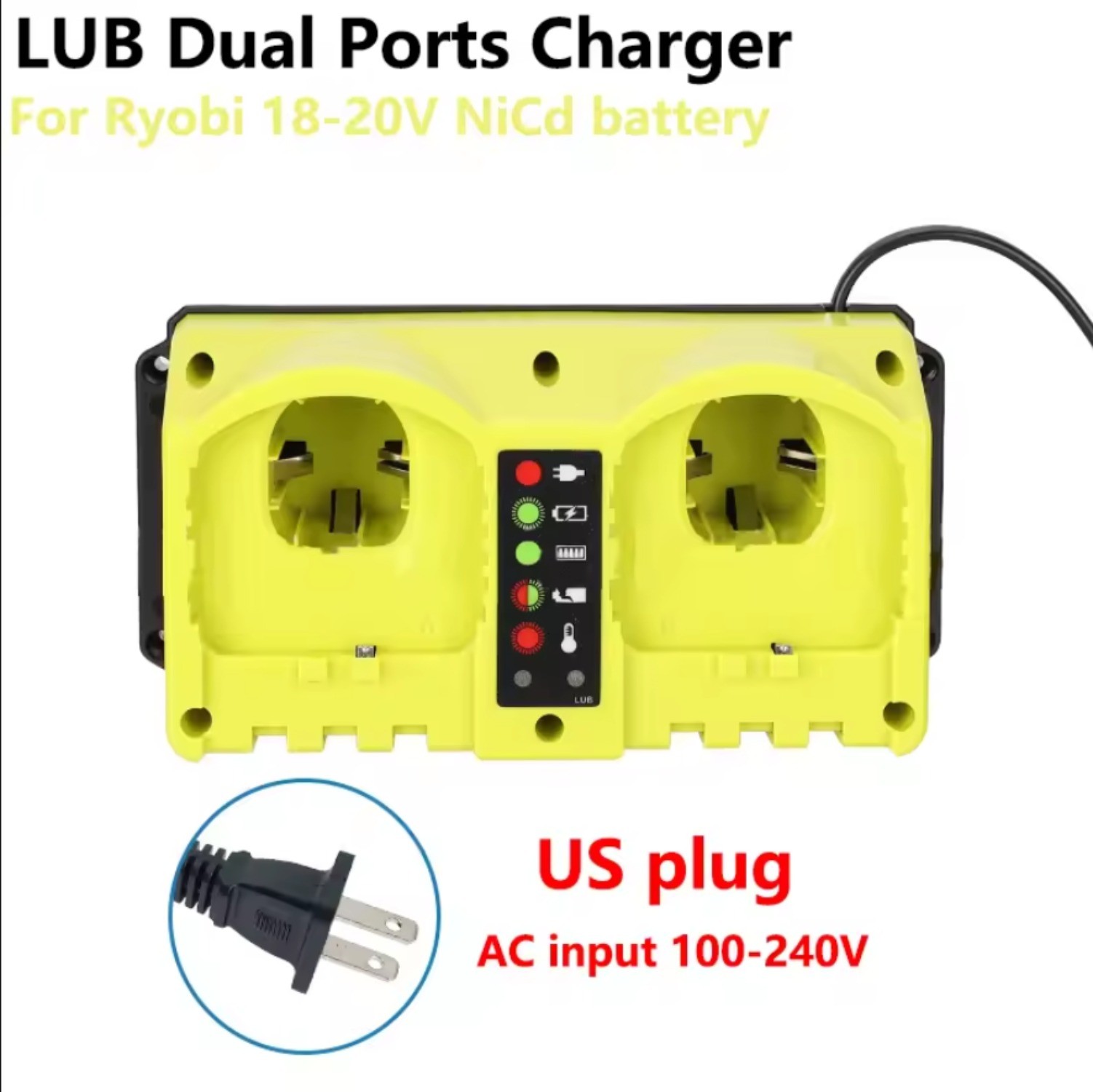 Portable Dual Ports Fast Charger Replace P117 for Ryobi 18V Battery P107 P108