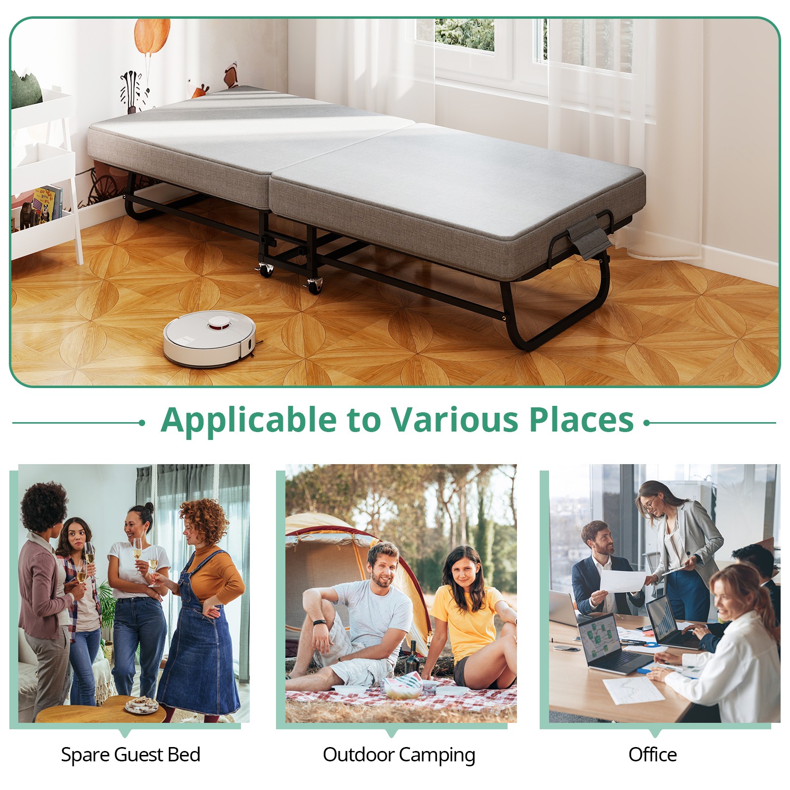 Portable Folding Bed with Memory Foam Mattress Rollaway Metal Frame Guest Bed