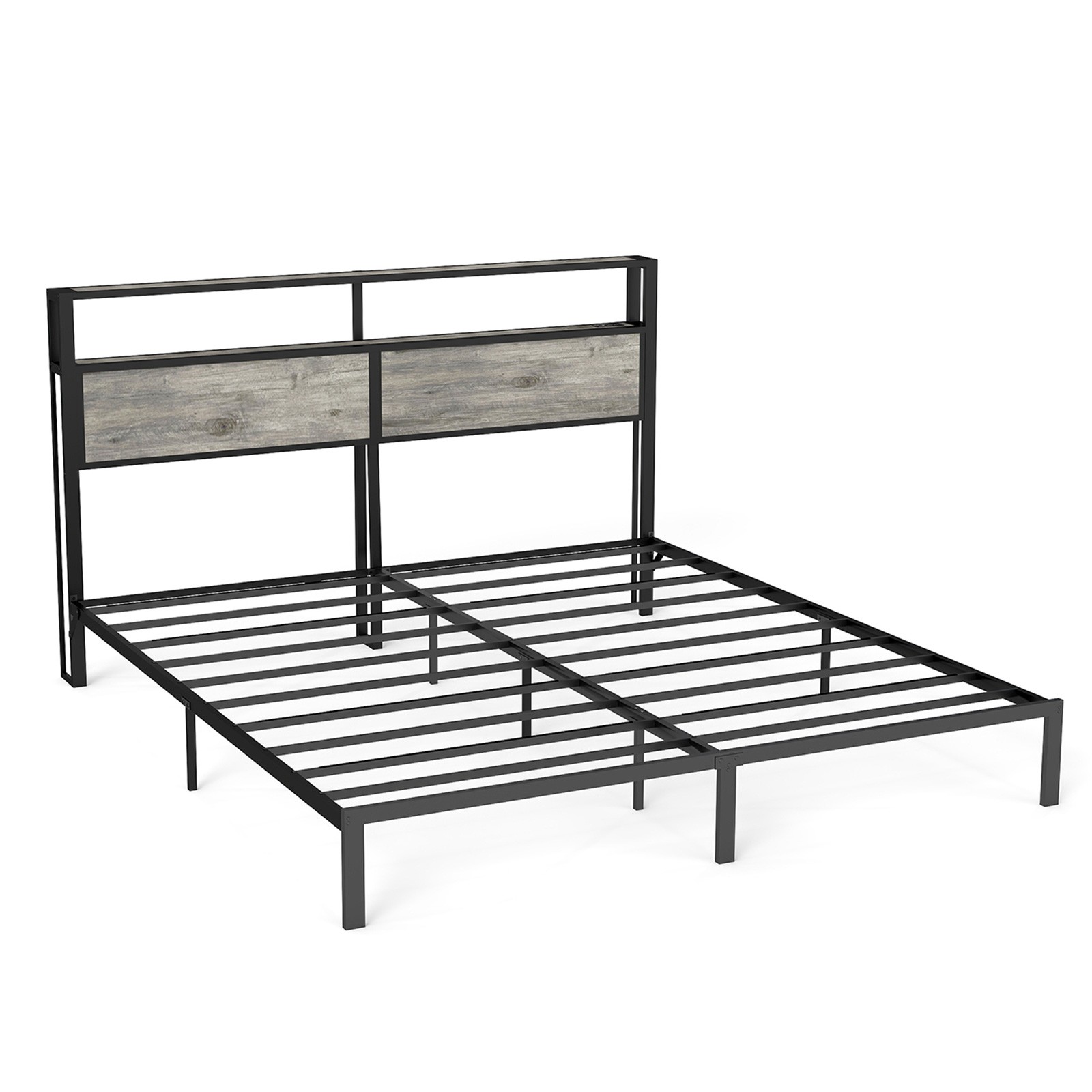 Full Queen King Bed Frame with Storage Headboard ,Charging Station & LED Lights