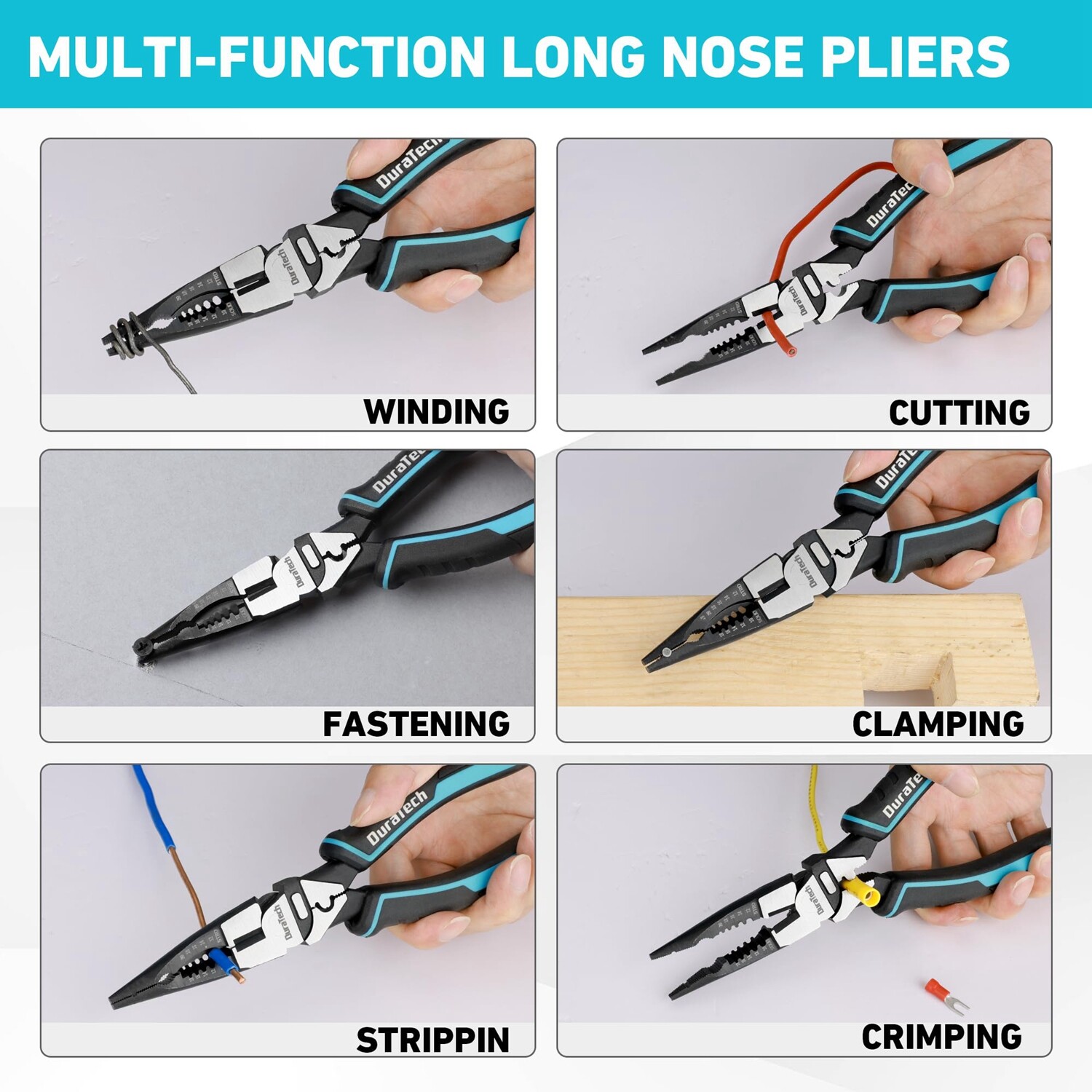 DURATECH 6-in-1 Needle Nose Plier 8.5″ Heavy Duty Long Nose Pliers Wire Stripper
