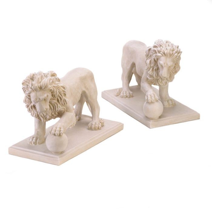 2 Pc Set Regal Lion Statue Duo Paw Orb