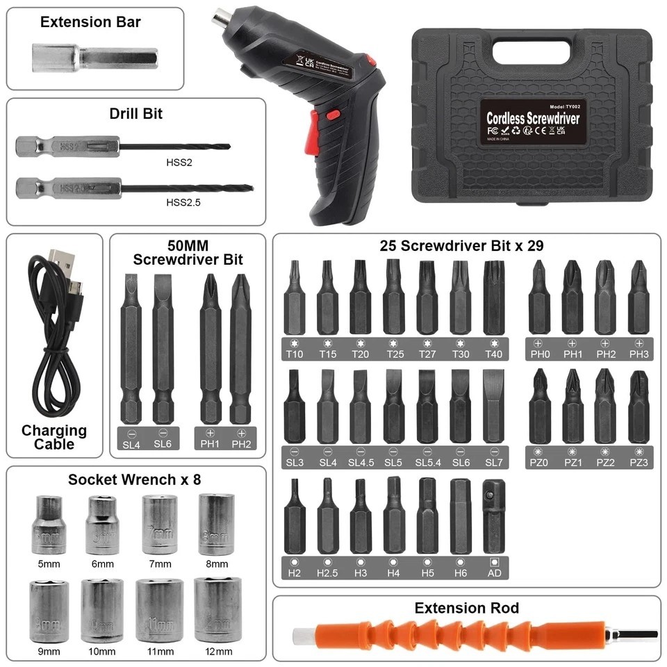 3.6V Cordless Electric Screwdriver Set USB Charging 3Nm Screw Gun With LED Light