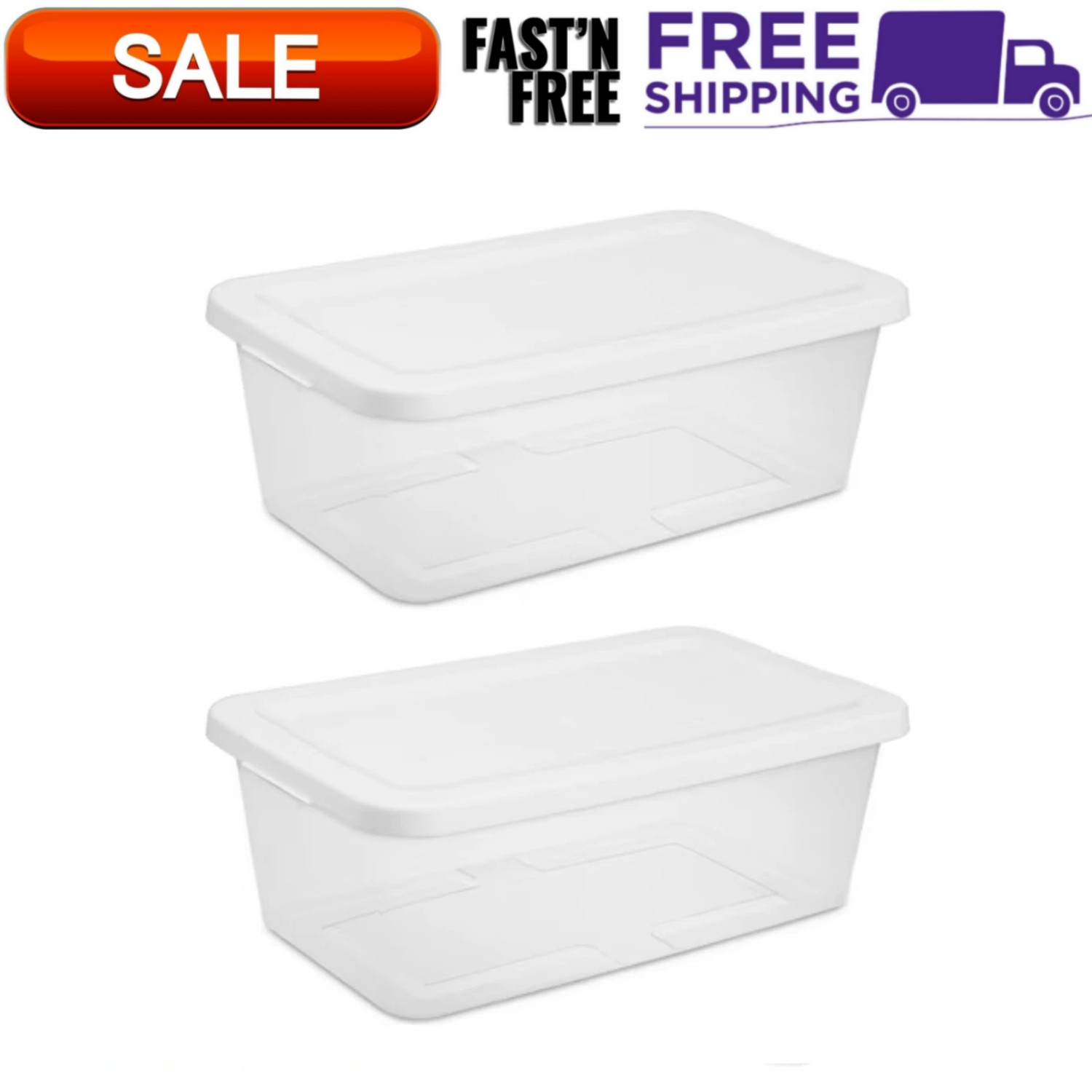 (2 pack) Sterilite 6 Qt. Clear Plastic Storage Container with Snap-On Lid, White