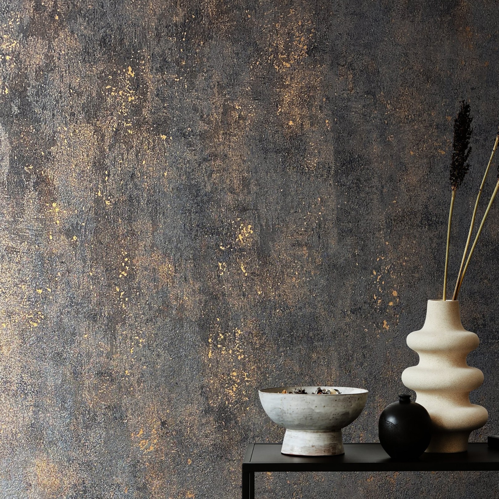 Distressed paint gray rose gold metallic faux concrete plaster texture wallpaper