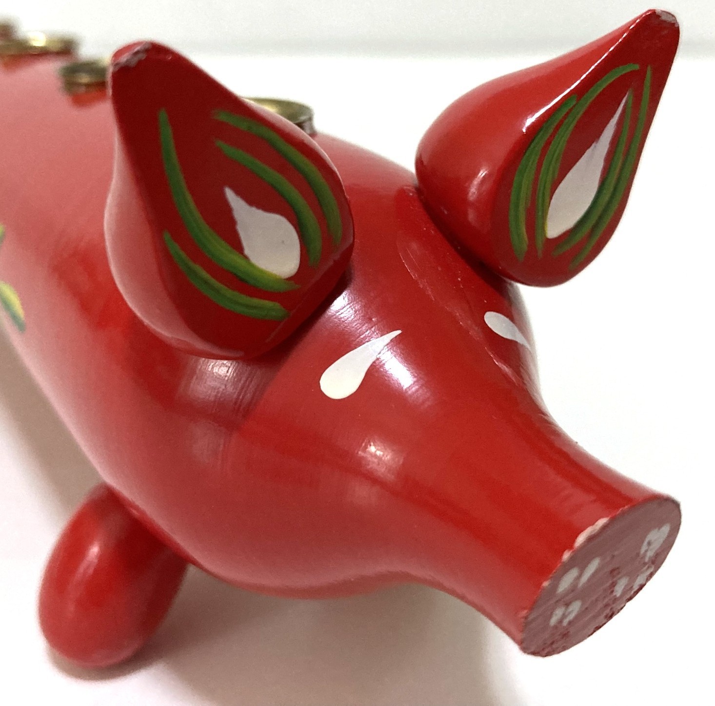 Red Wooden Pig Candle Holder 7.75″L Sweden Hand Painted Flowers Folk Art