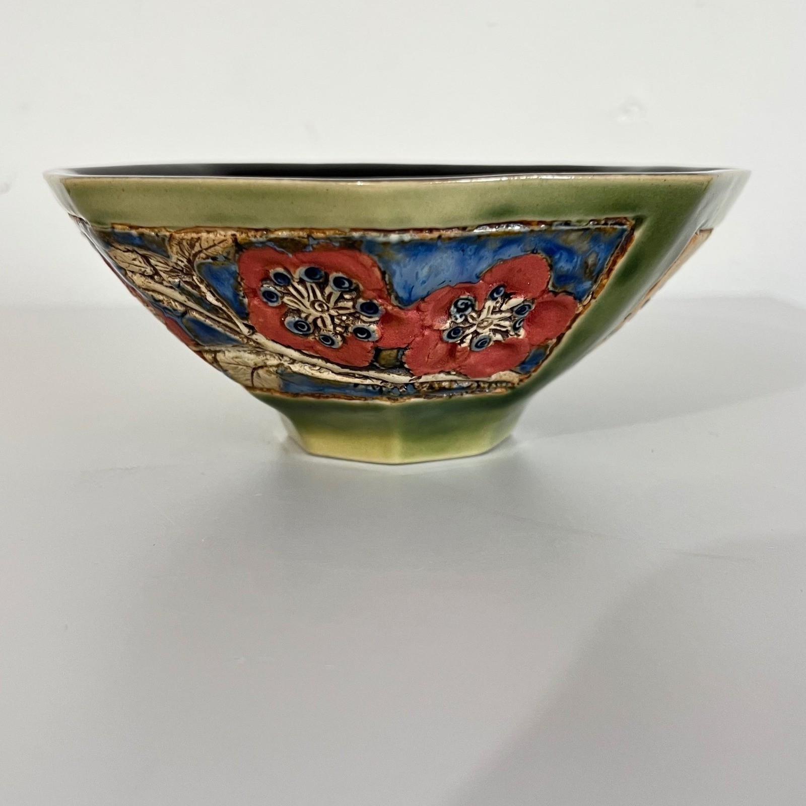 Malaysia Handicraft Pottery Bowl Red Poppies Blue Accents Octagonal Shape