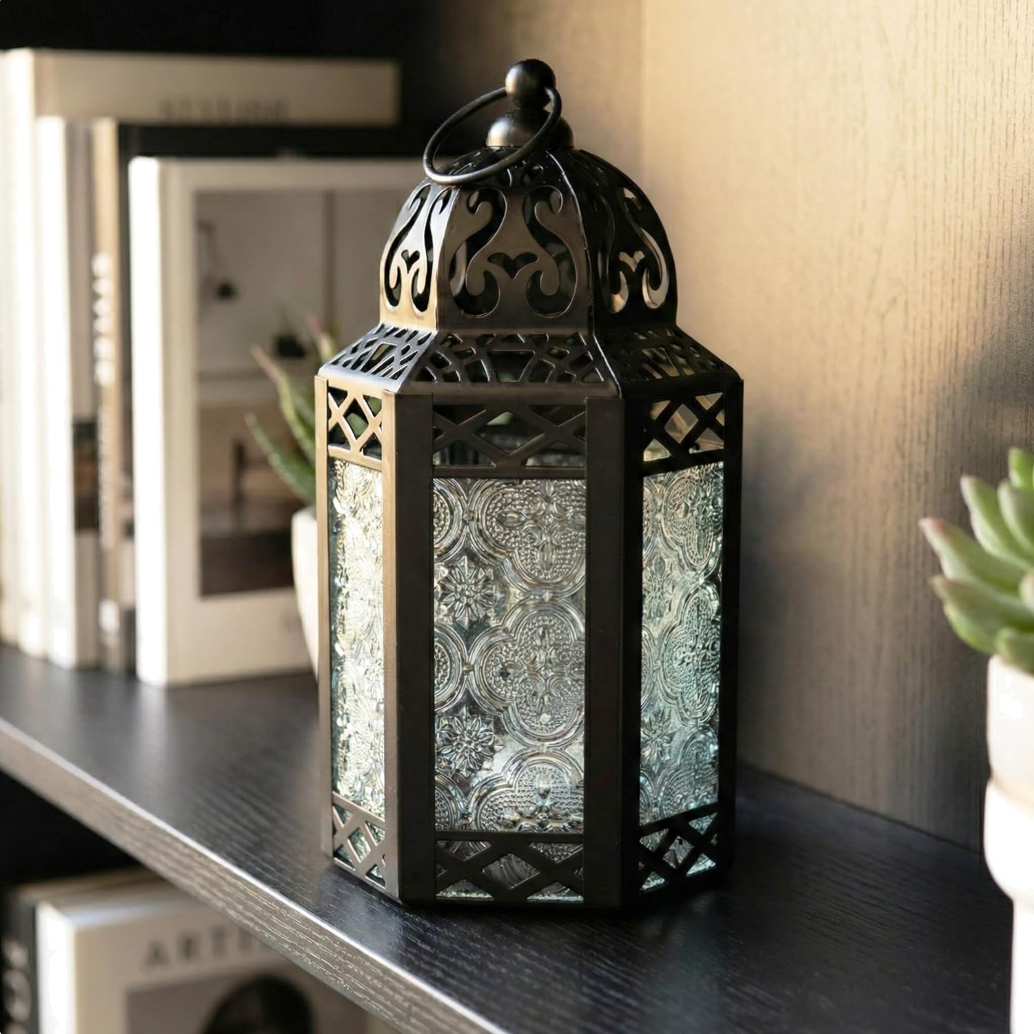 8.5in Moroccan Candle Lantern – Elegant Black Iron & Glass Centerpiece