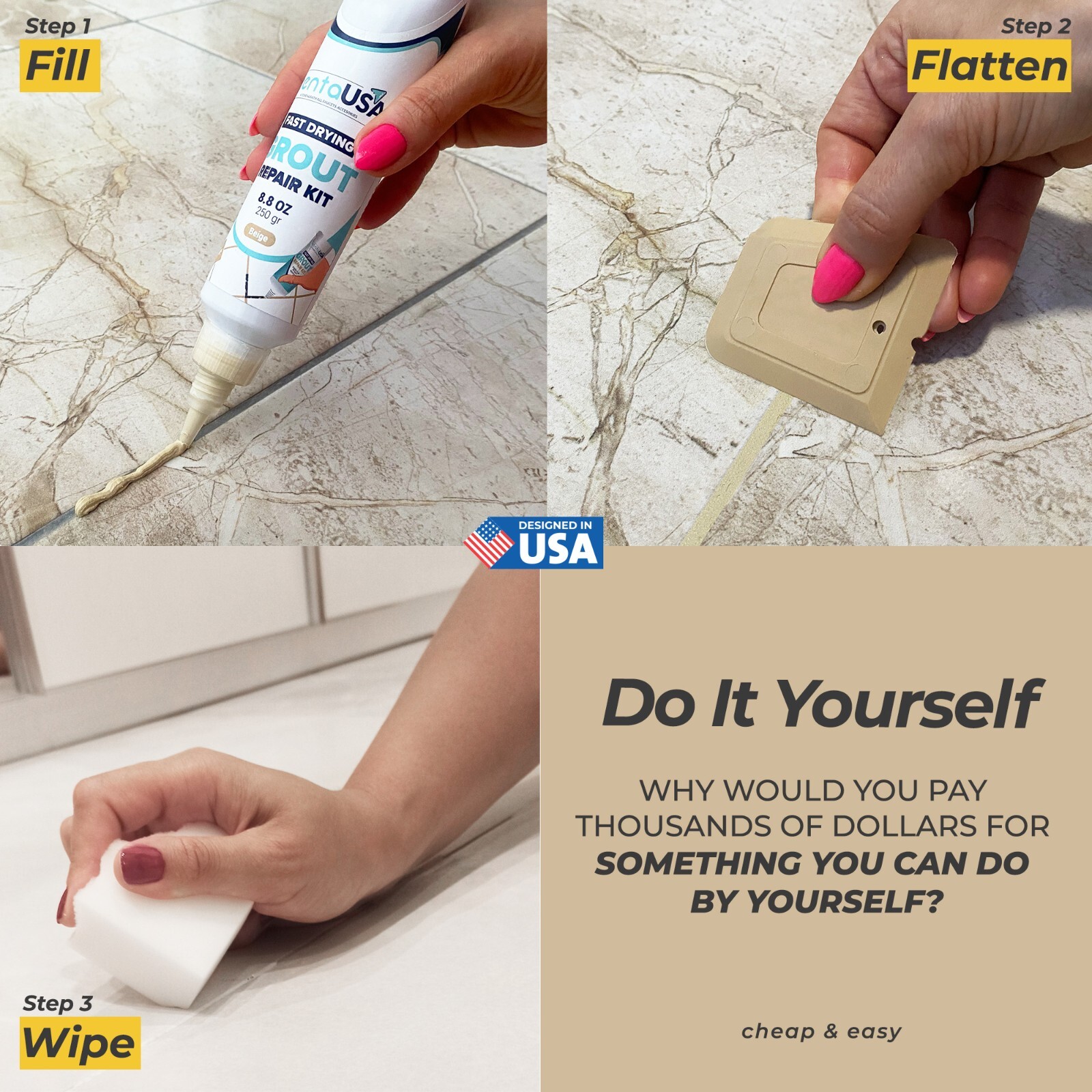 Tile Grout Repair Renew Fills Tube, 3 Triple Protection, Fast Dry Grout Repair