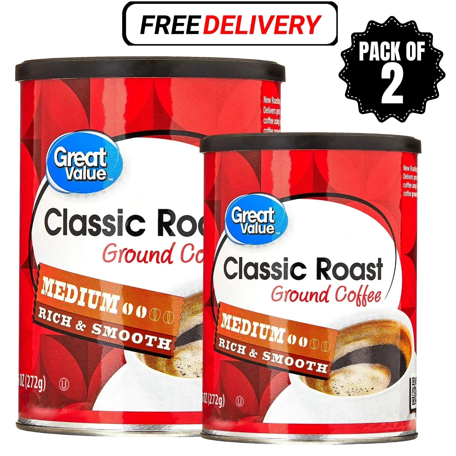 (2 PACK) Great Value Classic Roast Ground Naturally Caffeinated Coffee, 9.6 oz