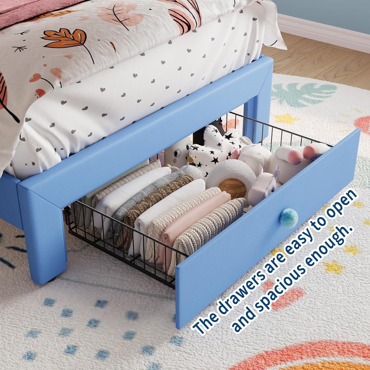 Twin Size Upholstered Bed Frame w/ Storage Drawer & LED Headboard for Kids/Girls