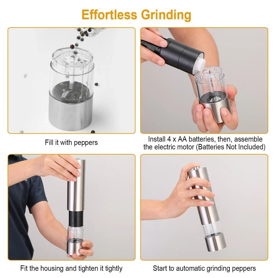 2 Pack Electric Salt Pepper Grinder Mill Shakers Set Adjustable Stainless Steel