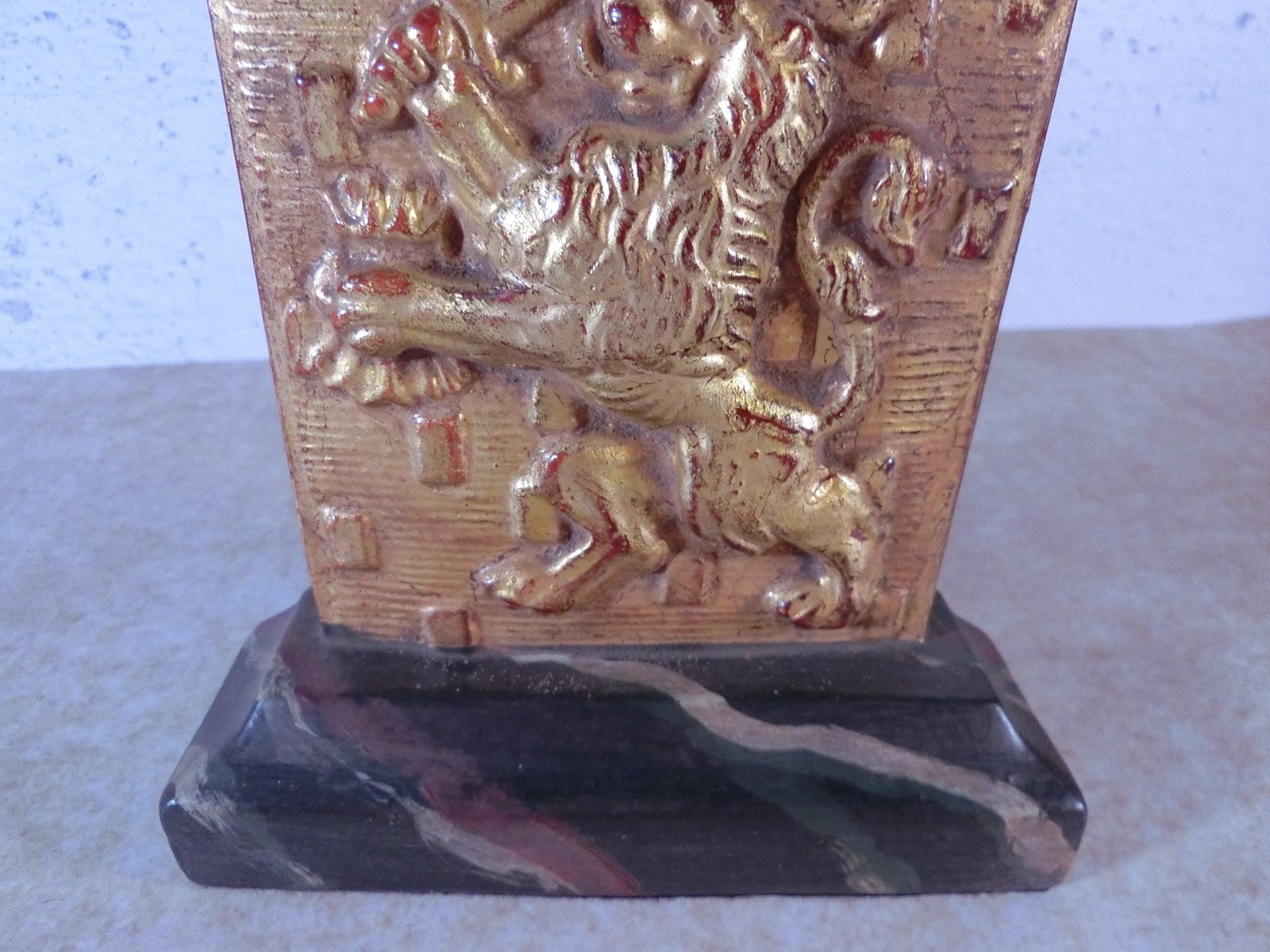 Gold Gilded Regal Lion & Crown Bookends w/Marbleized Base English British Style