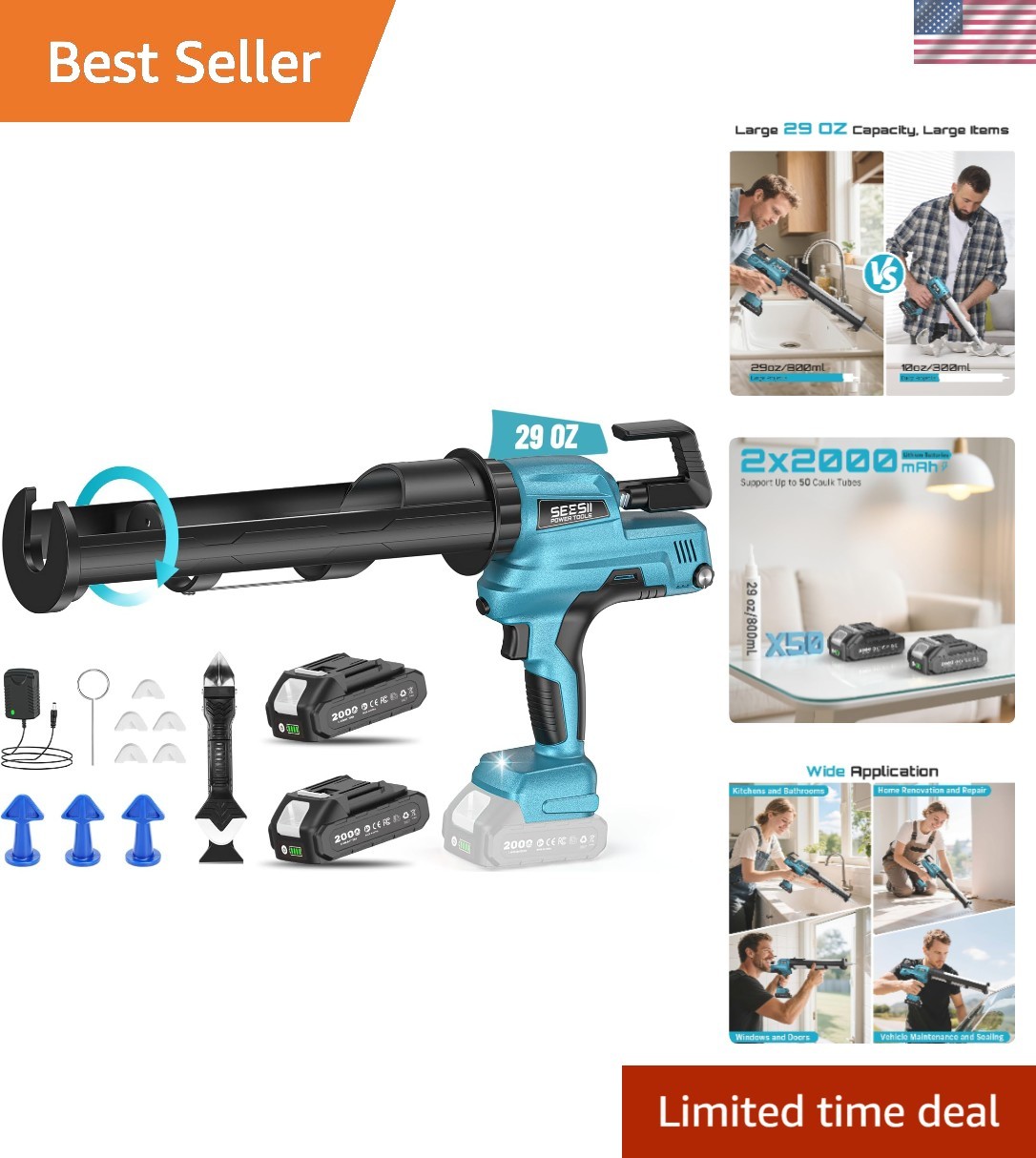 Cordless 29oz Caulking Gun with Anti-Drip, Stepless Speed & LED – Effortless Use
