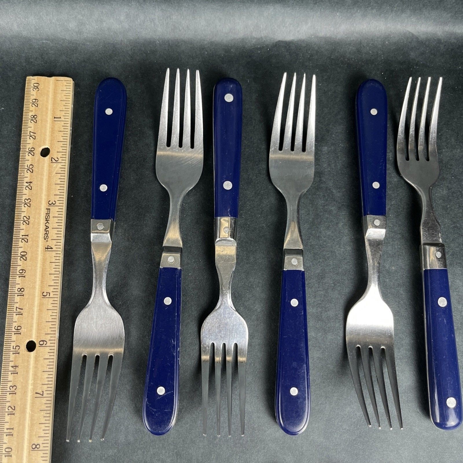 30pc VTG MCM Blue Riveted Handle Flatware Stainless Lifetime Thailand, Korea Mix