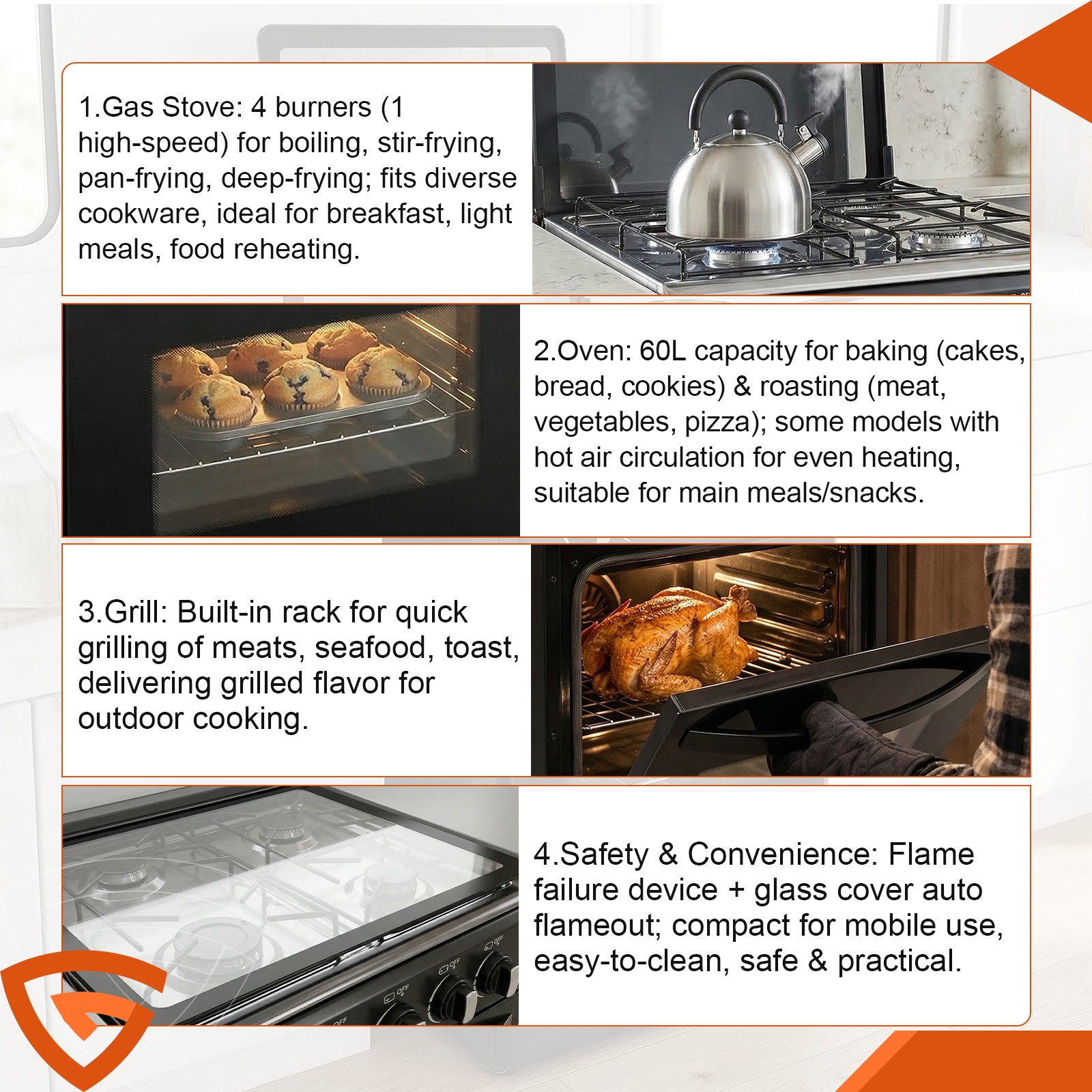 NEW 20″ Free Standing Gas Stove Oven Range,4 Burner LPG Cooktop with 60L Oven