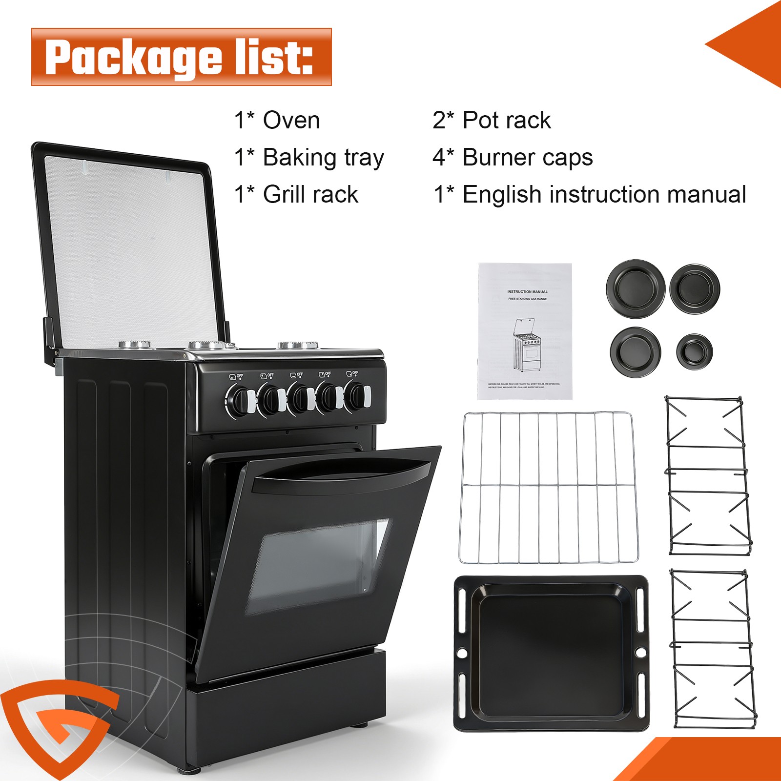 NEW 20″ Free Standing Gas Stove Oven Range,4 Burner LPG Cooktop with 60L Oven